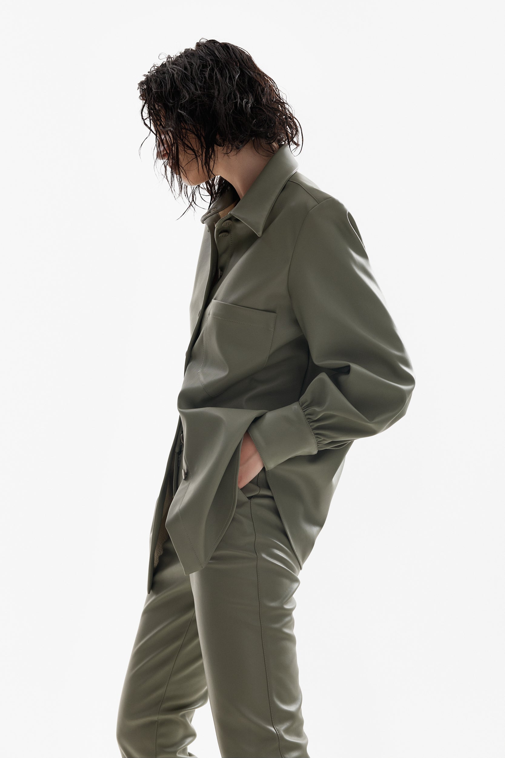 Vegan-leather shirt in olive green
