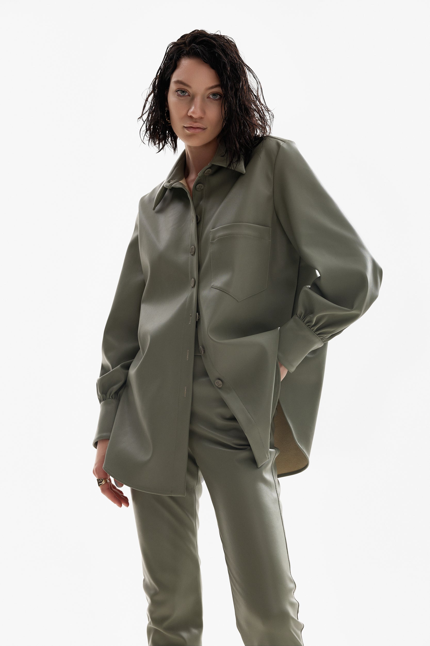 Vegan-leather shirt in olive green