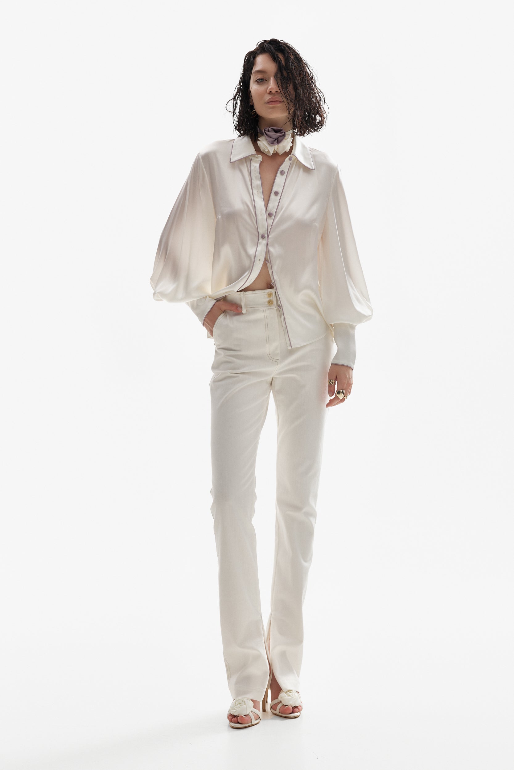Ivory silk shirt with purple accents