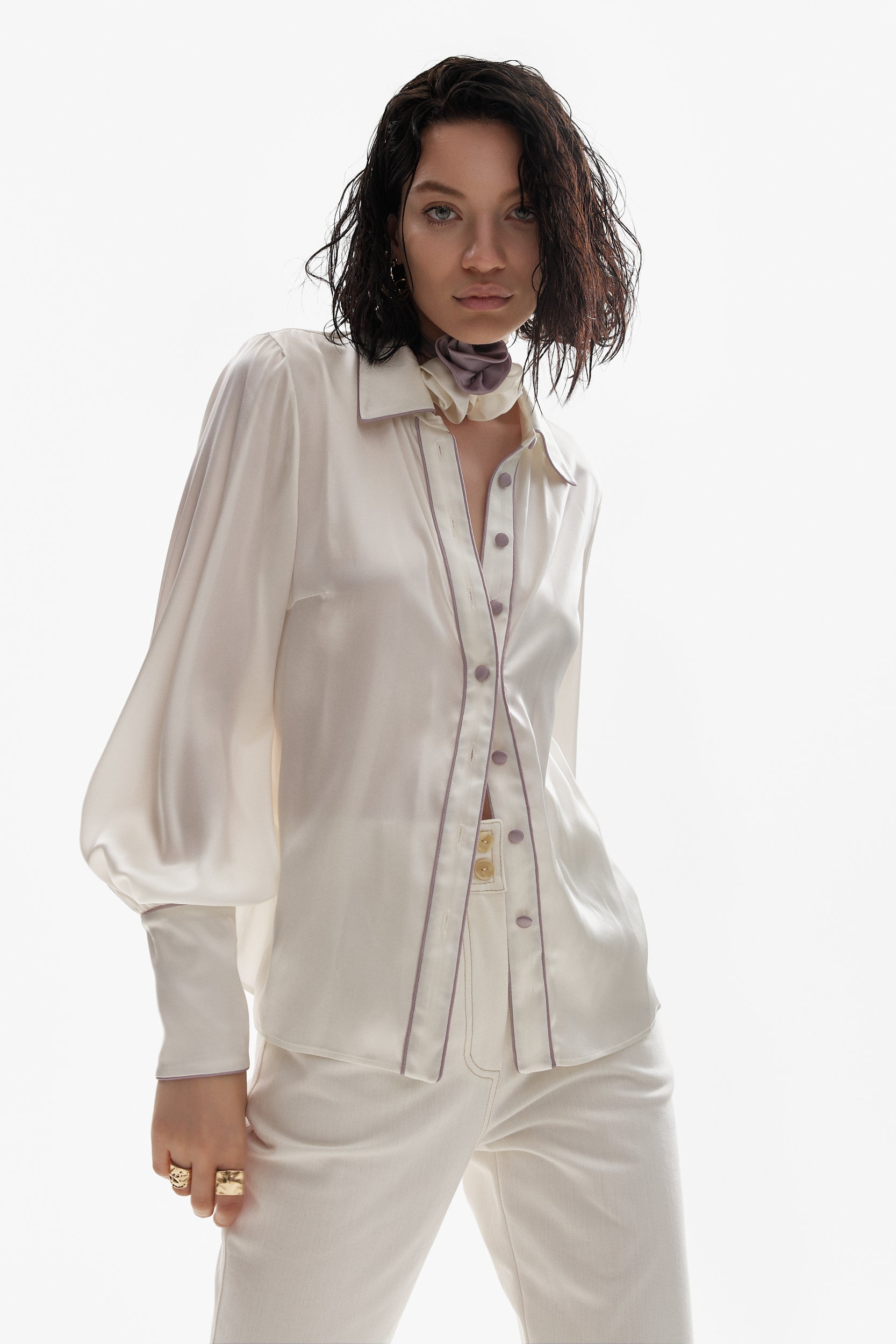 Ivory silk shirt with purple accents