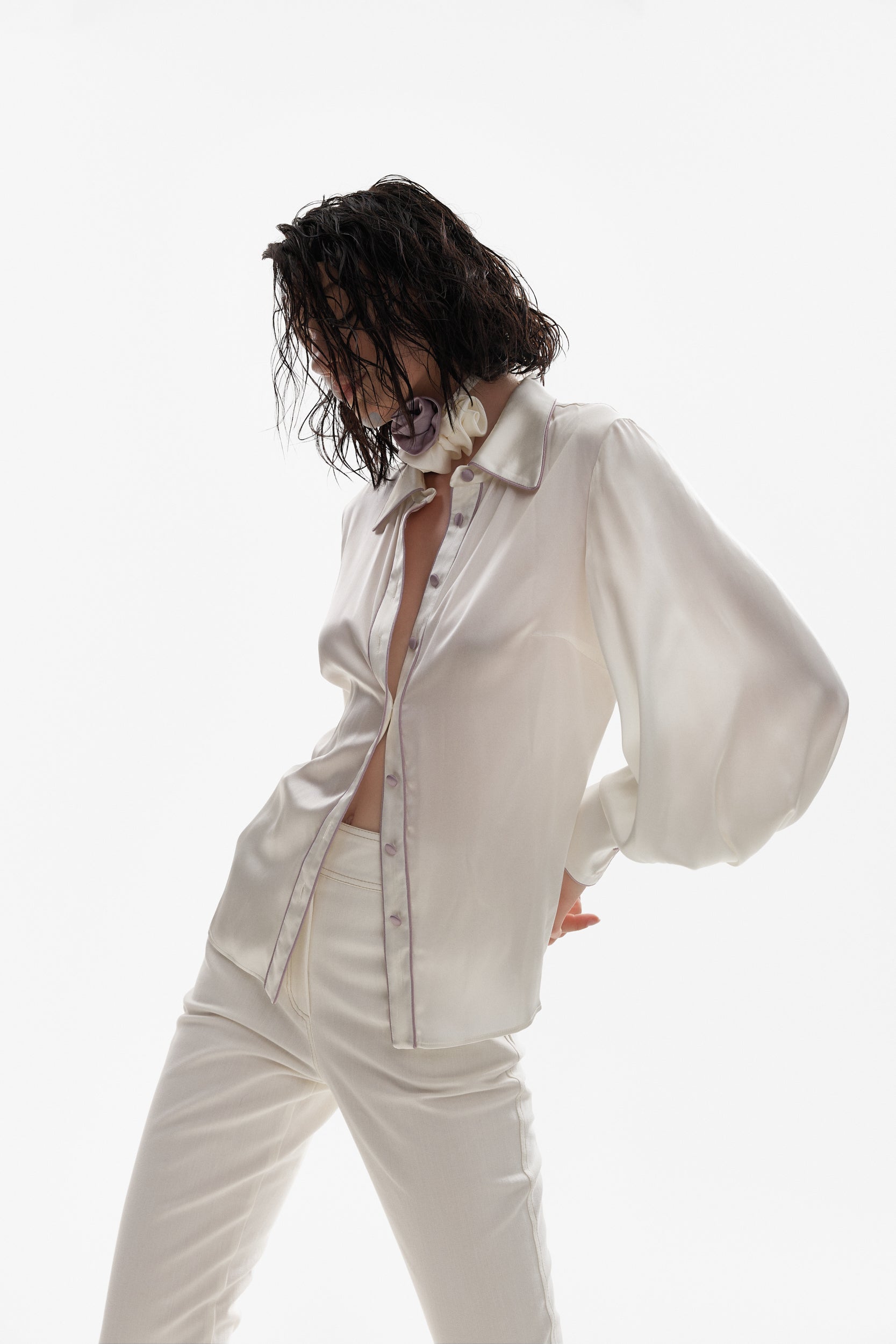 Ivory silk shirt with purple accents