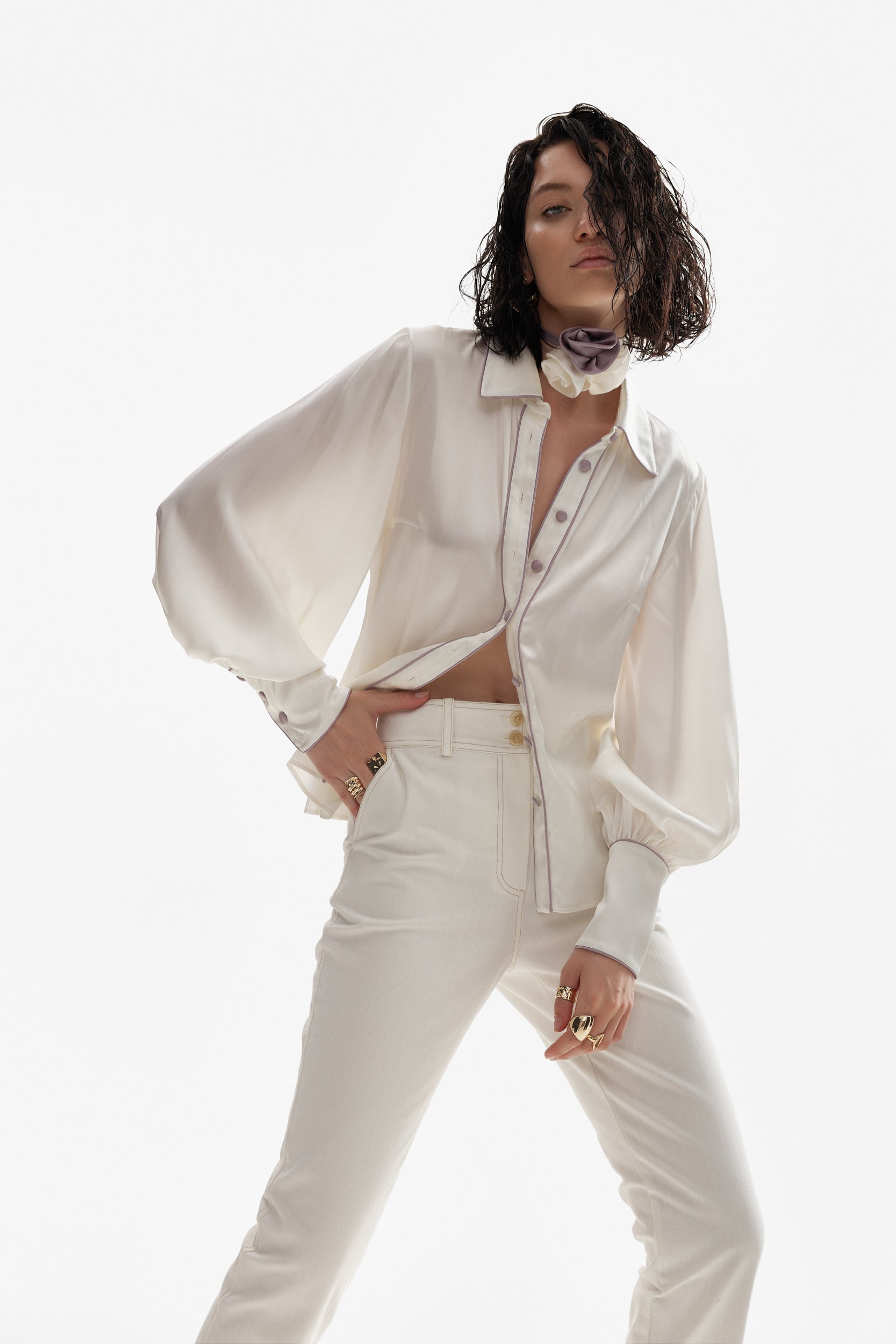 Ivory silk shirt with purple accents