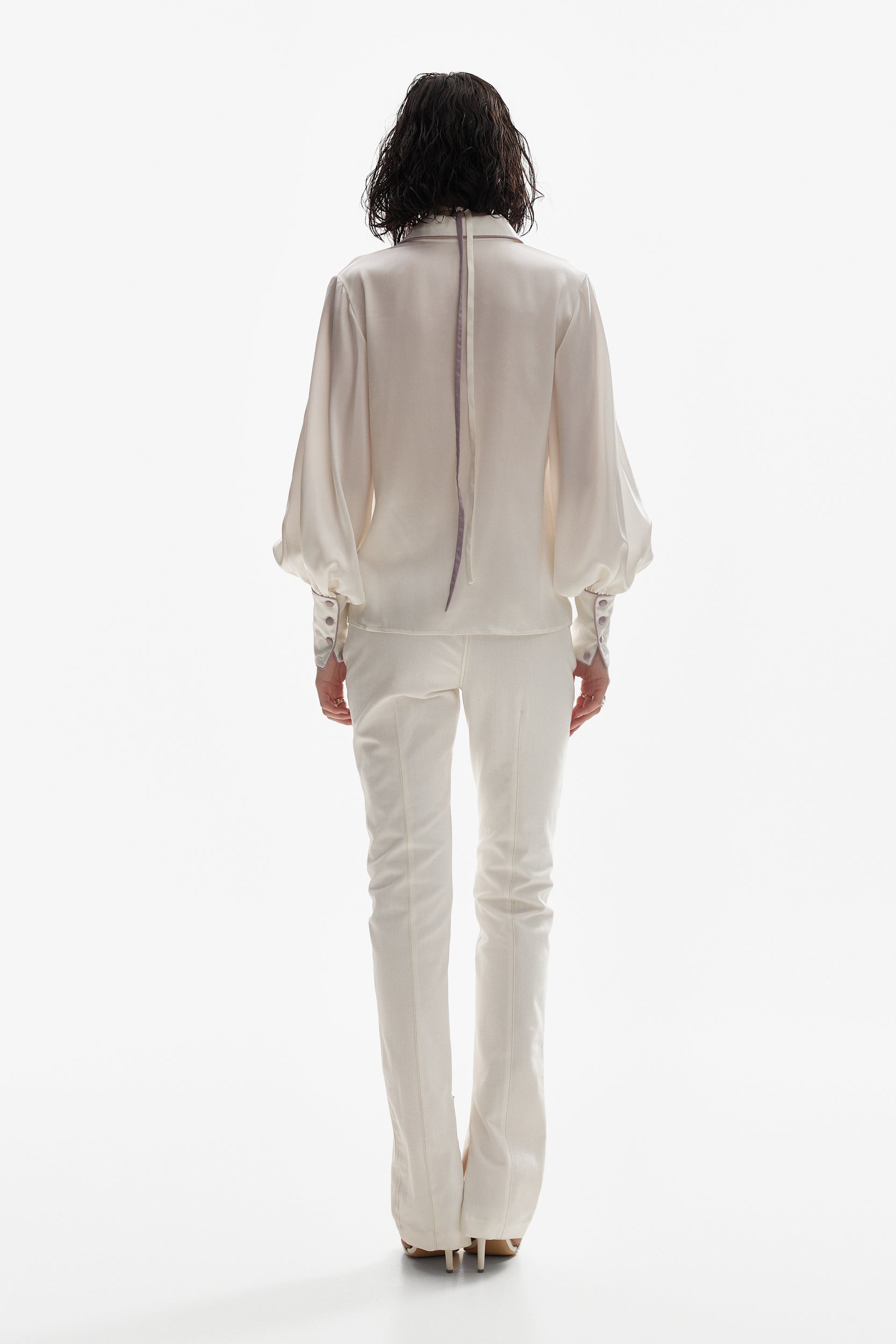 Ivory silk shirt with purple accents