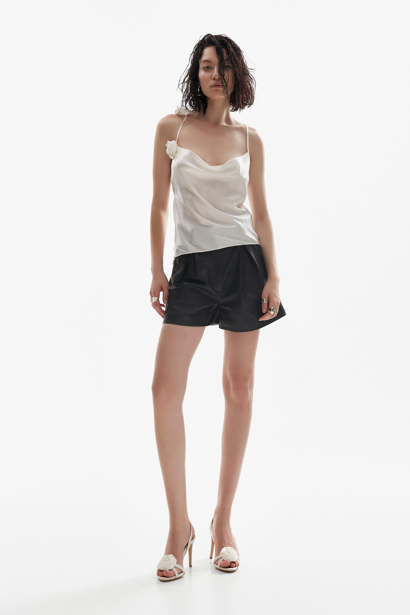 Rosette appliqués silk top in ivory