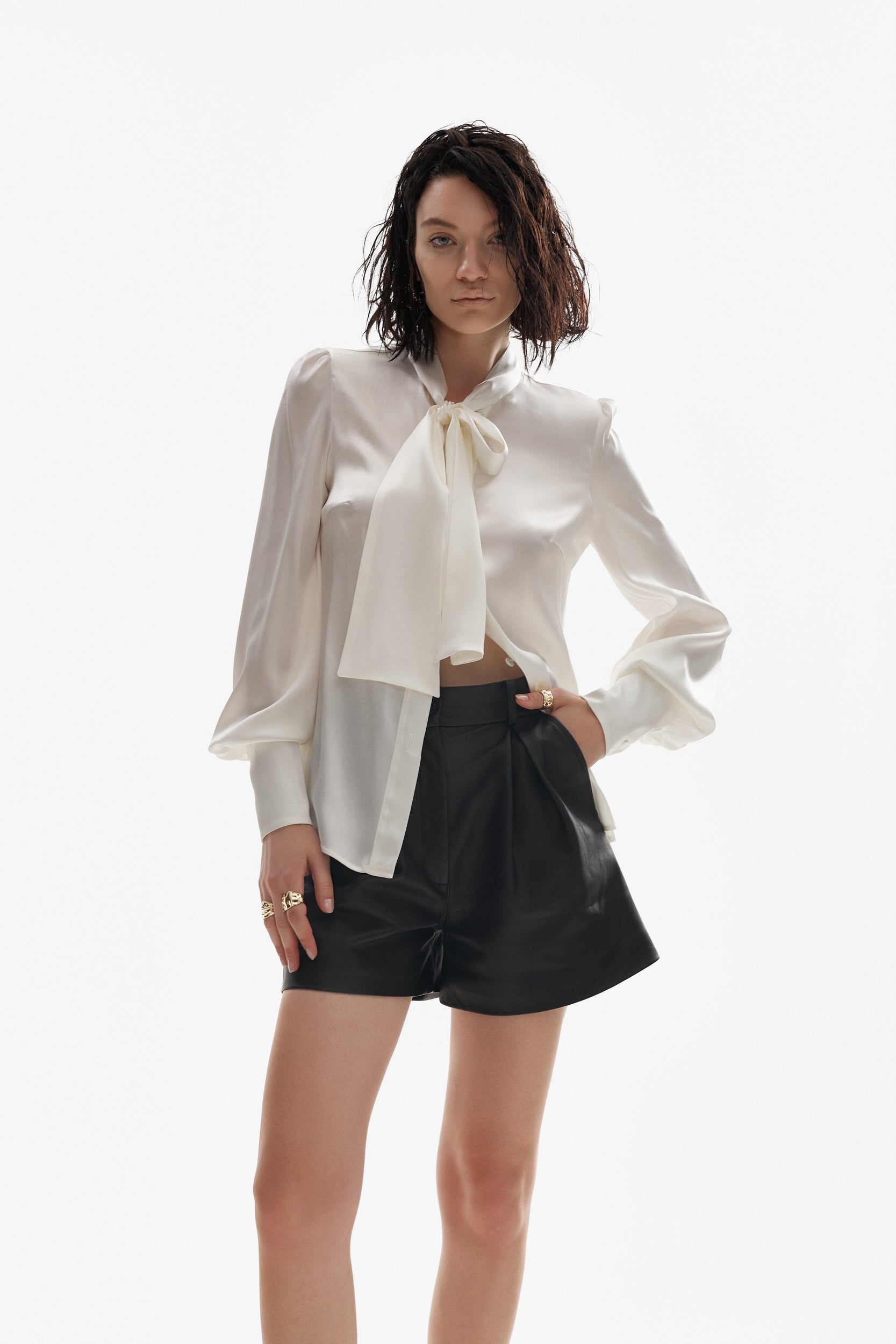 Silk pussy-bow shirt in ivory