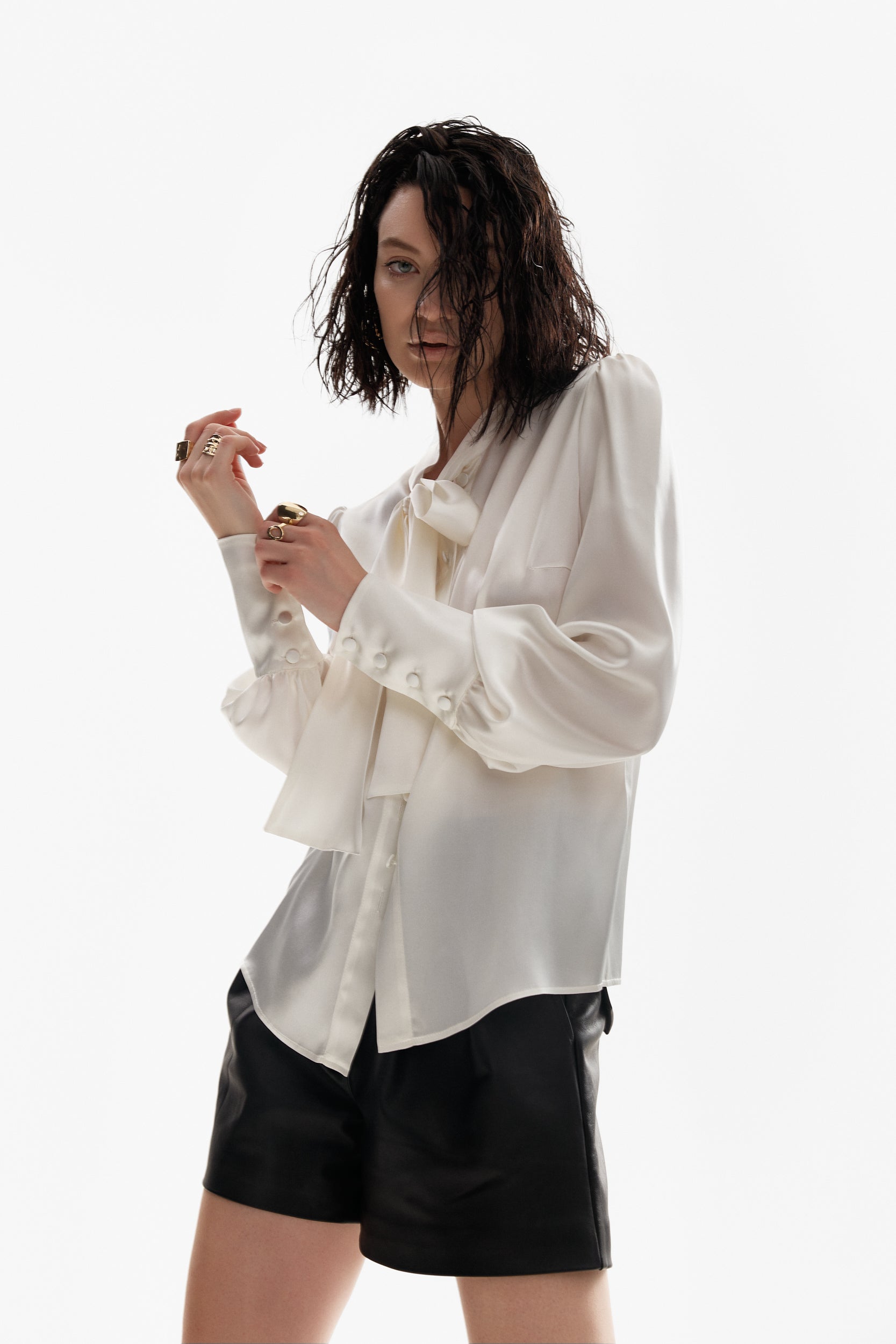 Silk pussy-bow shirt in ivory
