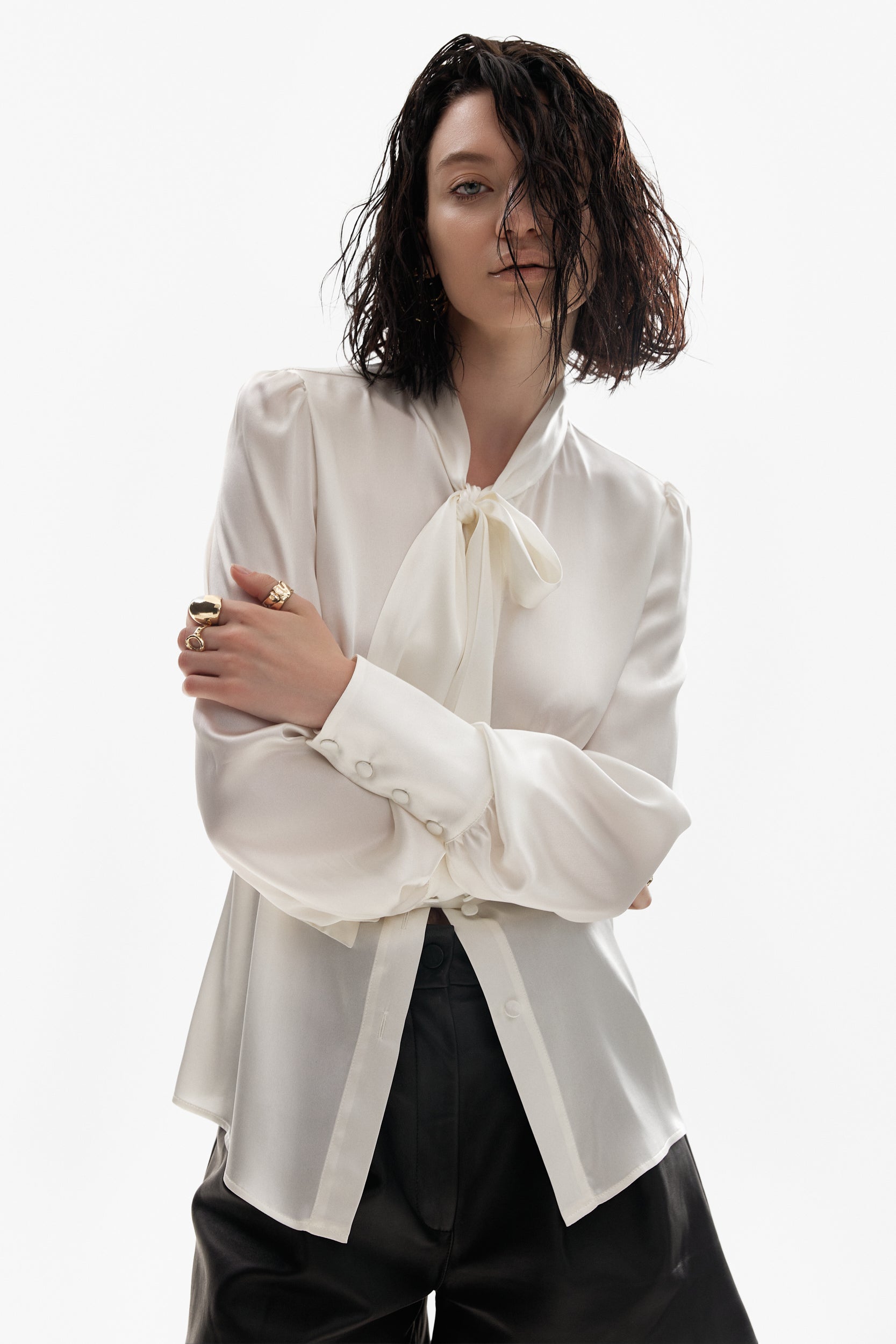 Silk pussy-bow shirt in ivory