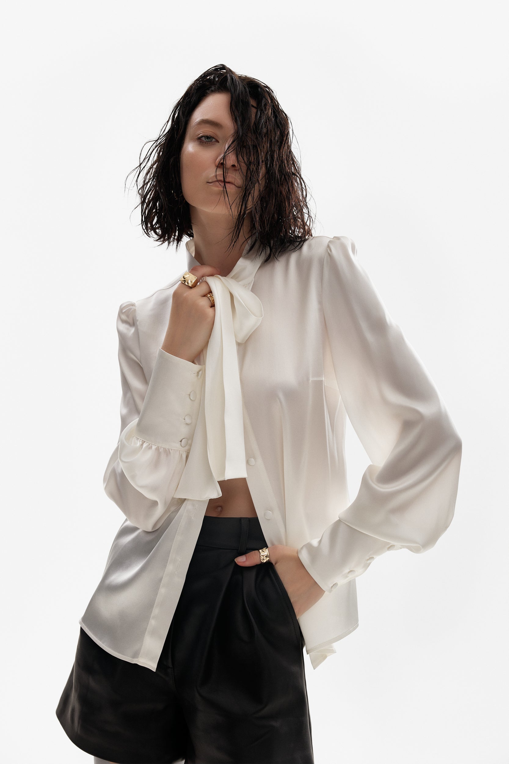 Silk pussy-bow shirt in ivory