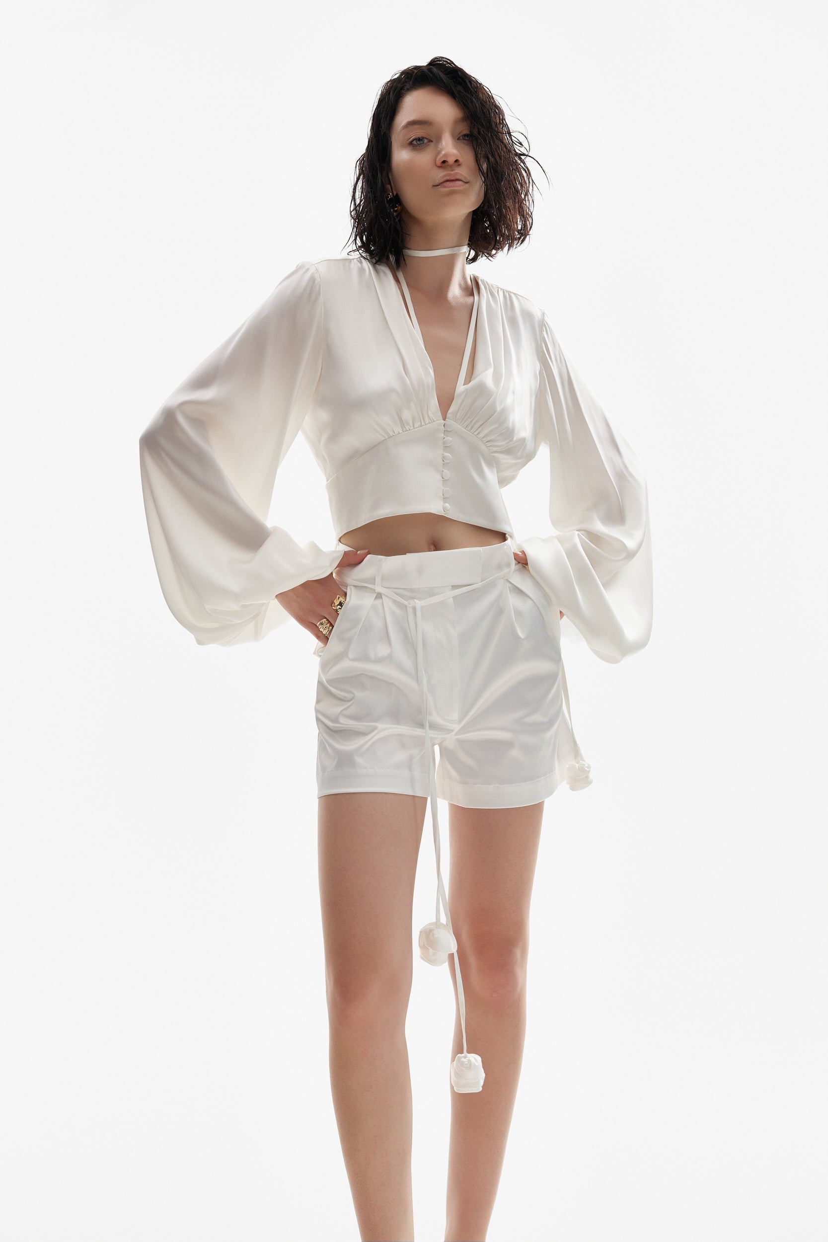 Ample-sleeve satin top in white
