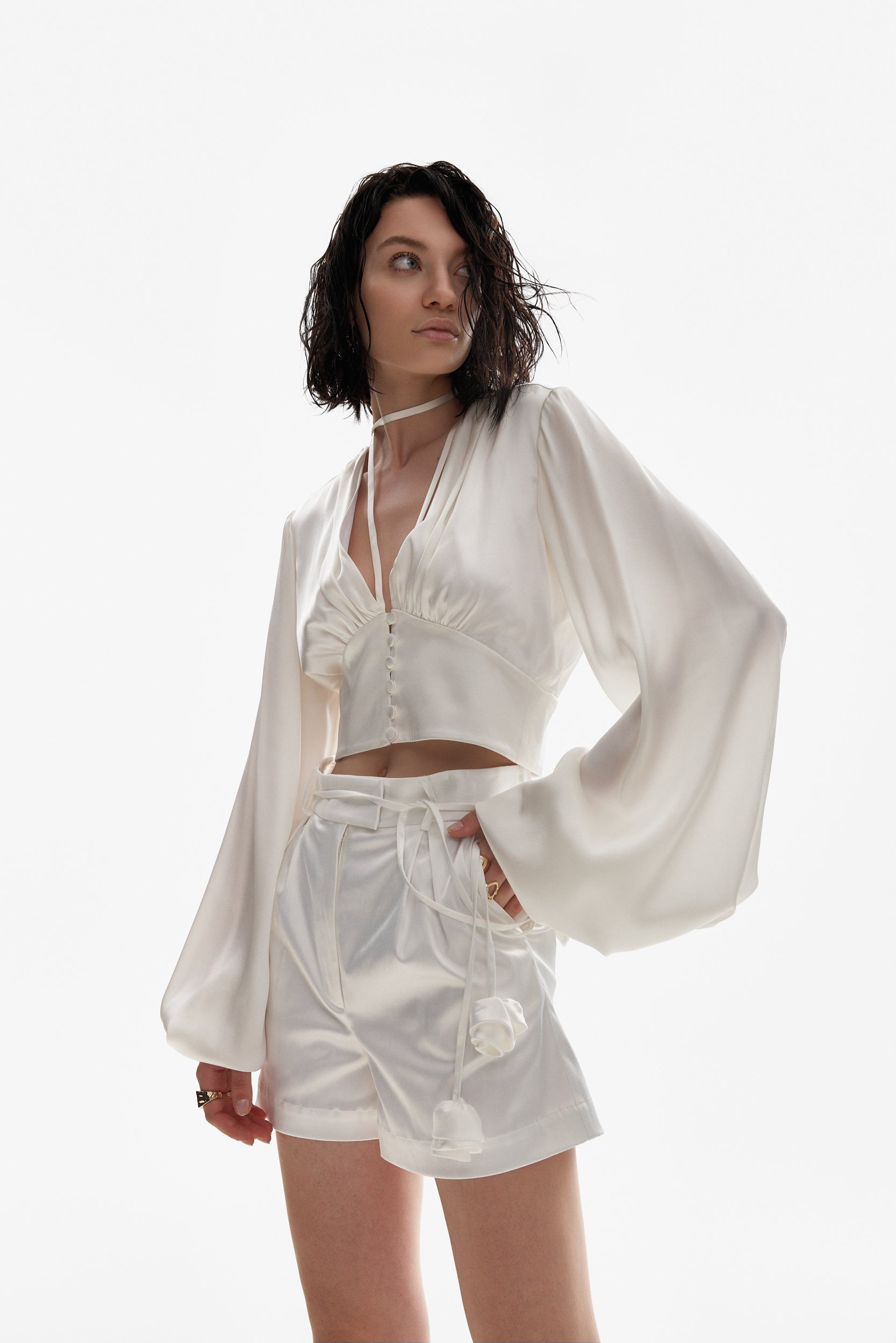 Ample-sleeve satin top in white