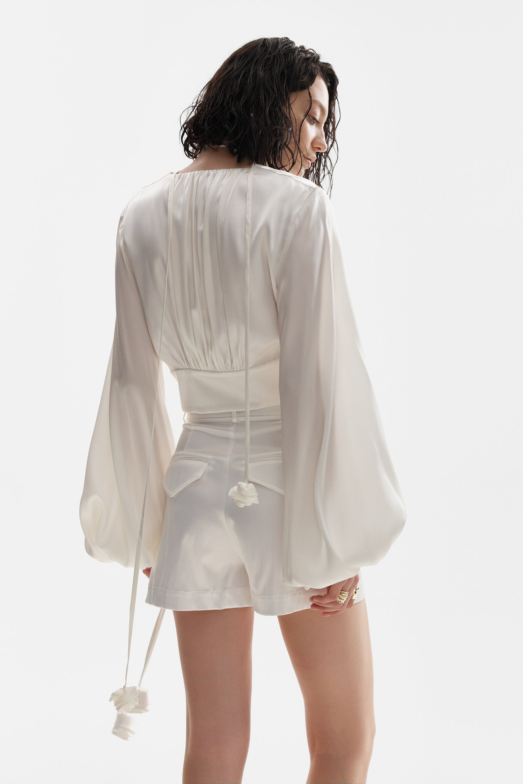 Ample-sleeve satin top in white
