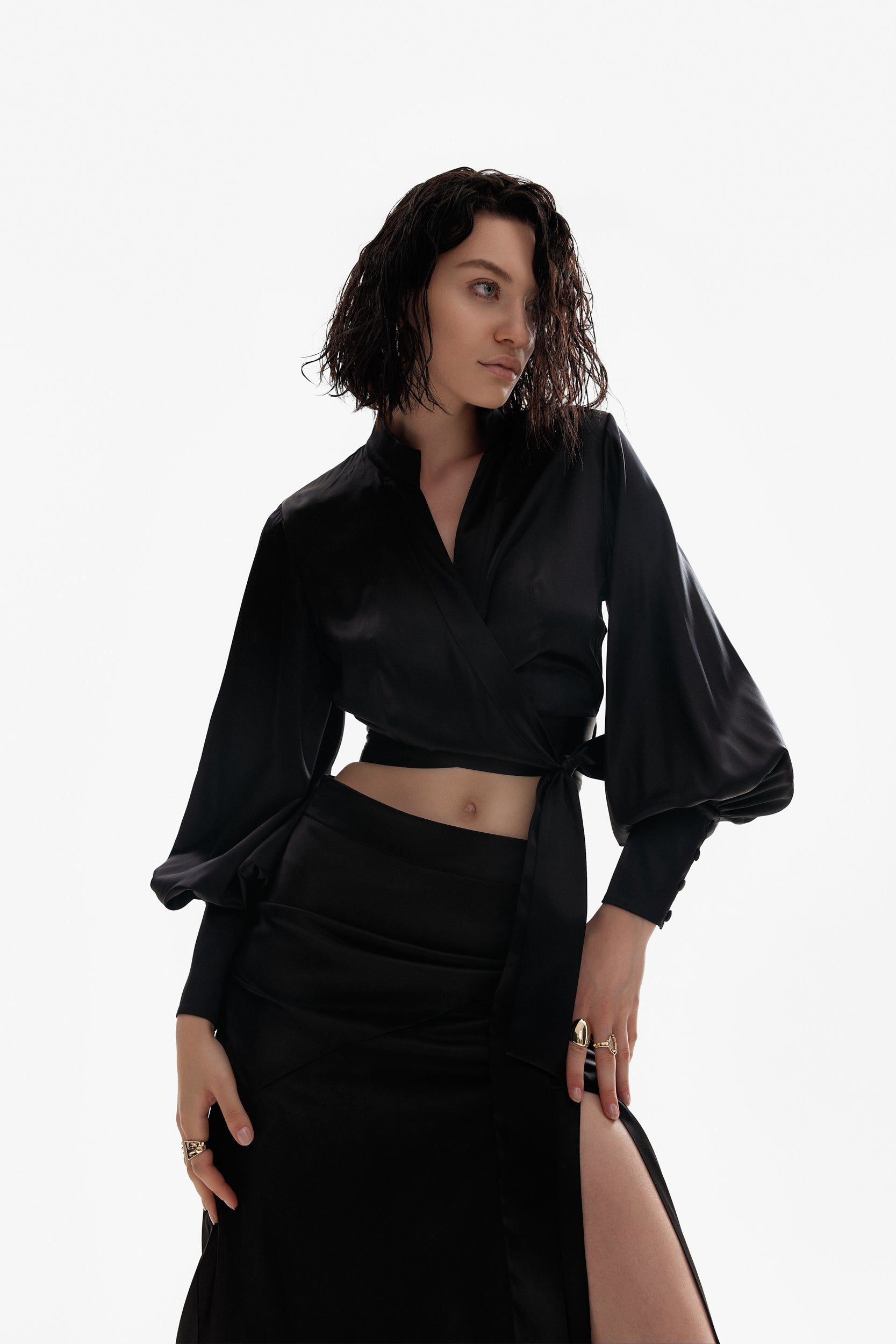 Side-slit midi skirt in black