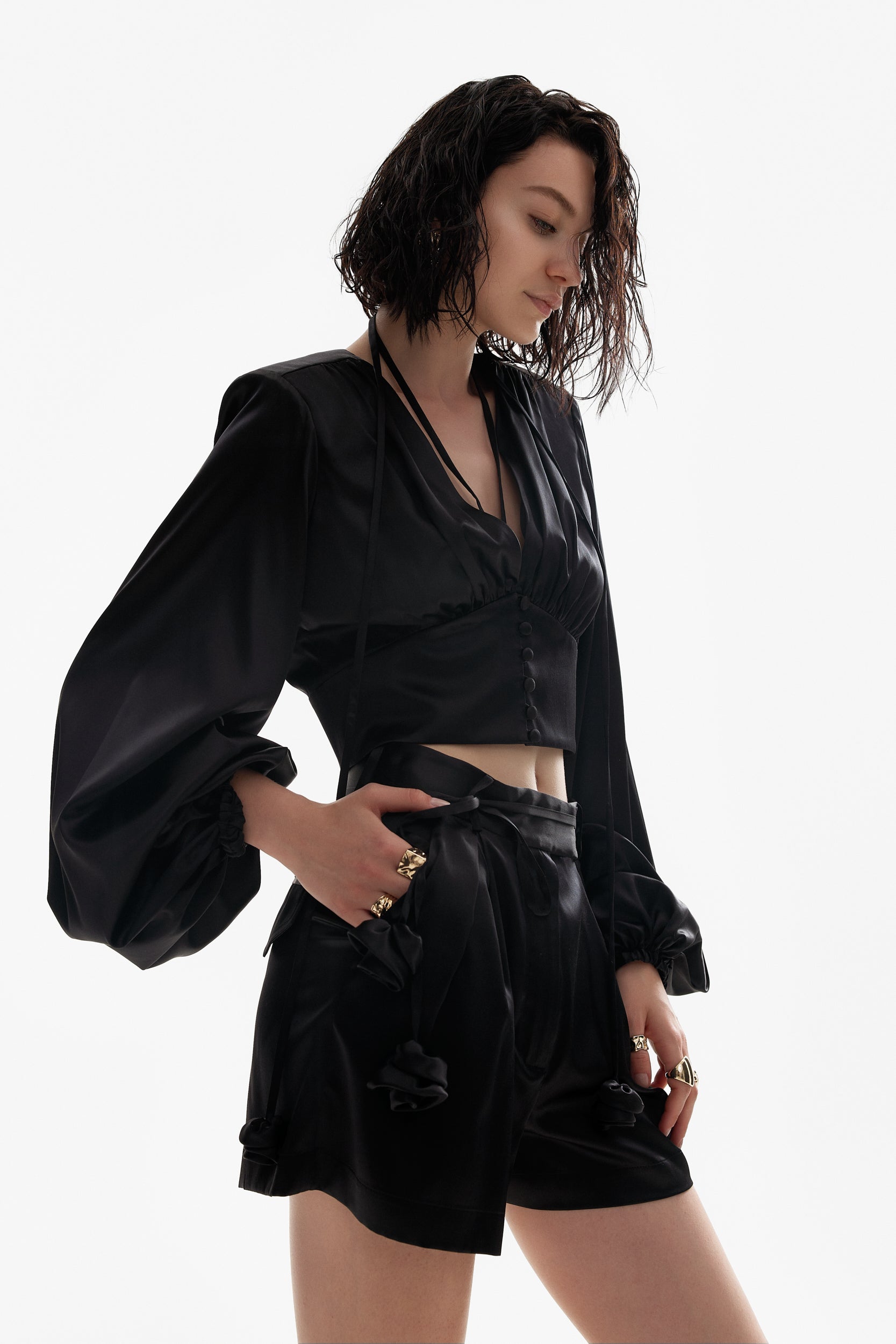 Ample-sleeve satin top in black