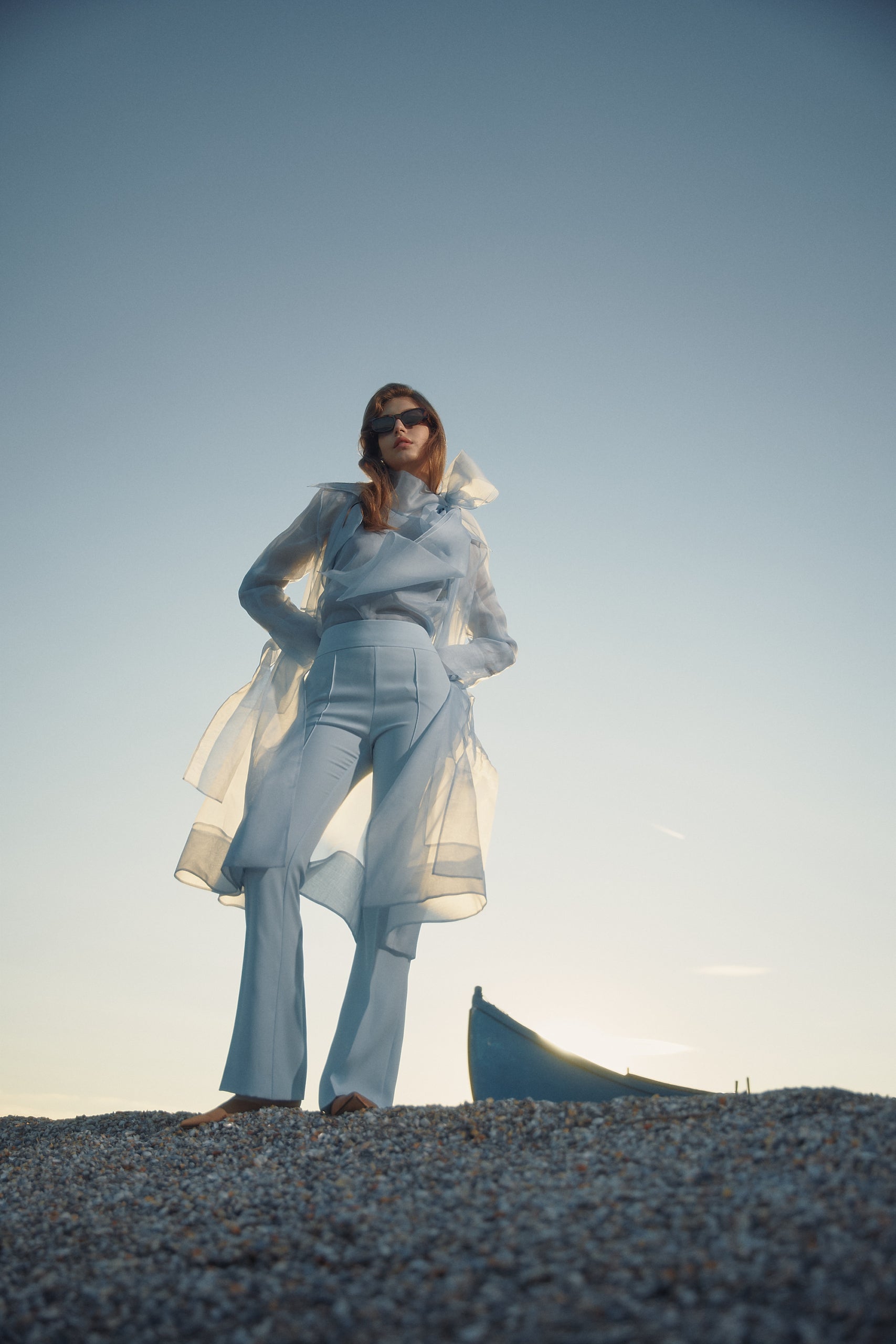 See through blue organza trench dress