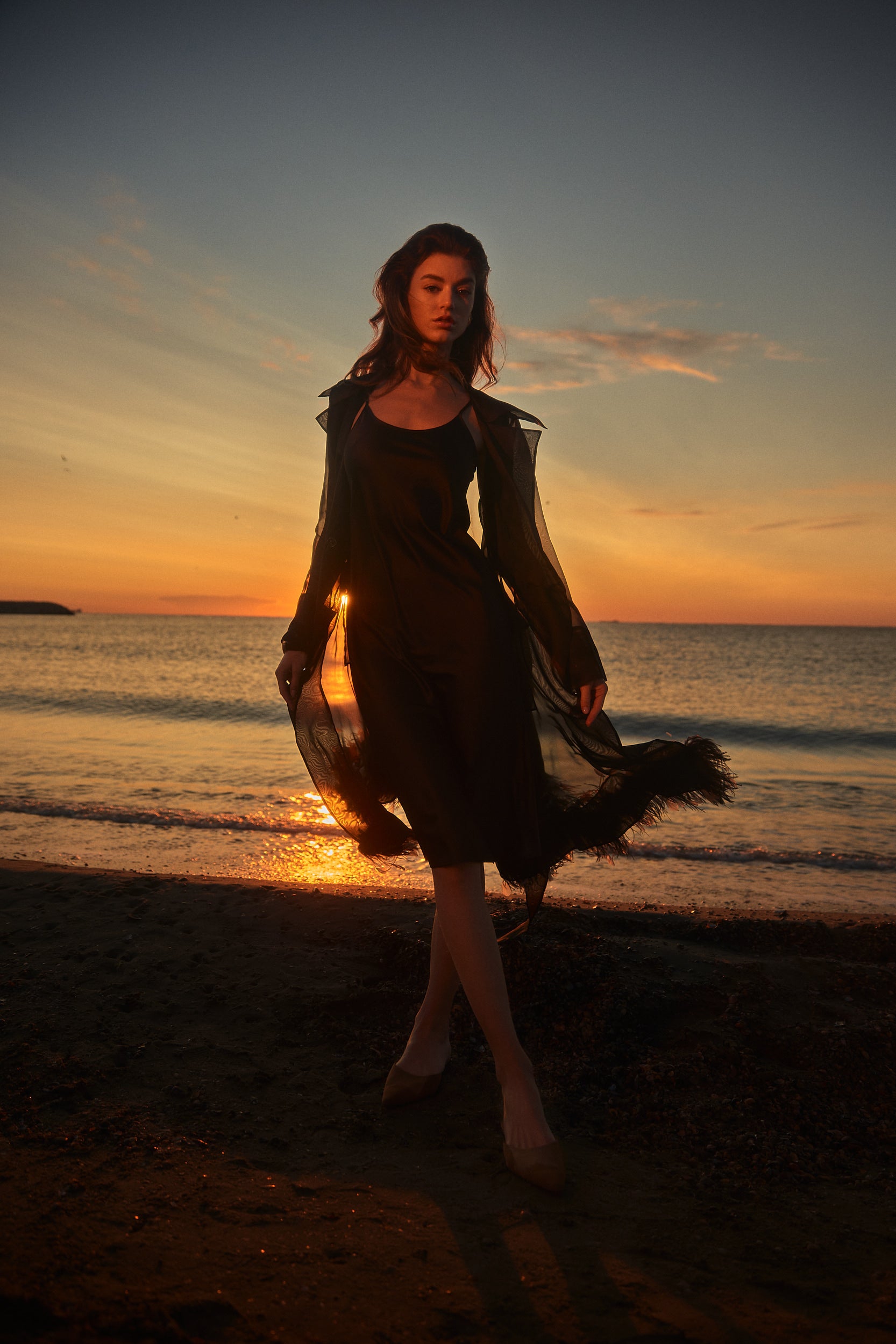 Sheer organza trench dress in black