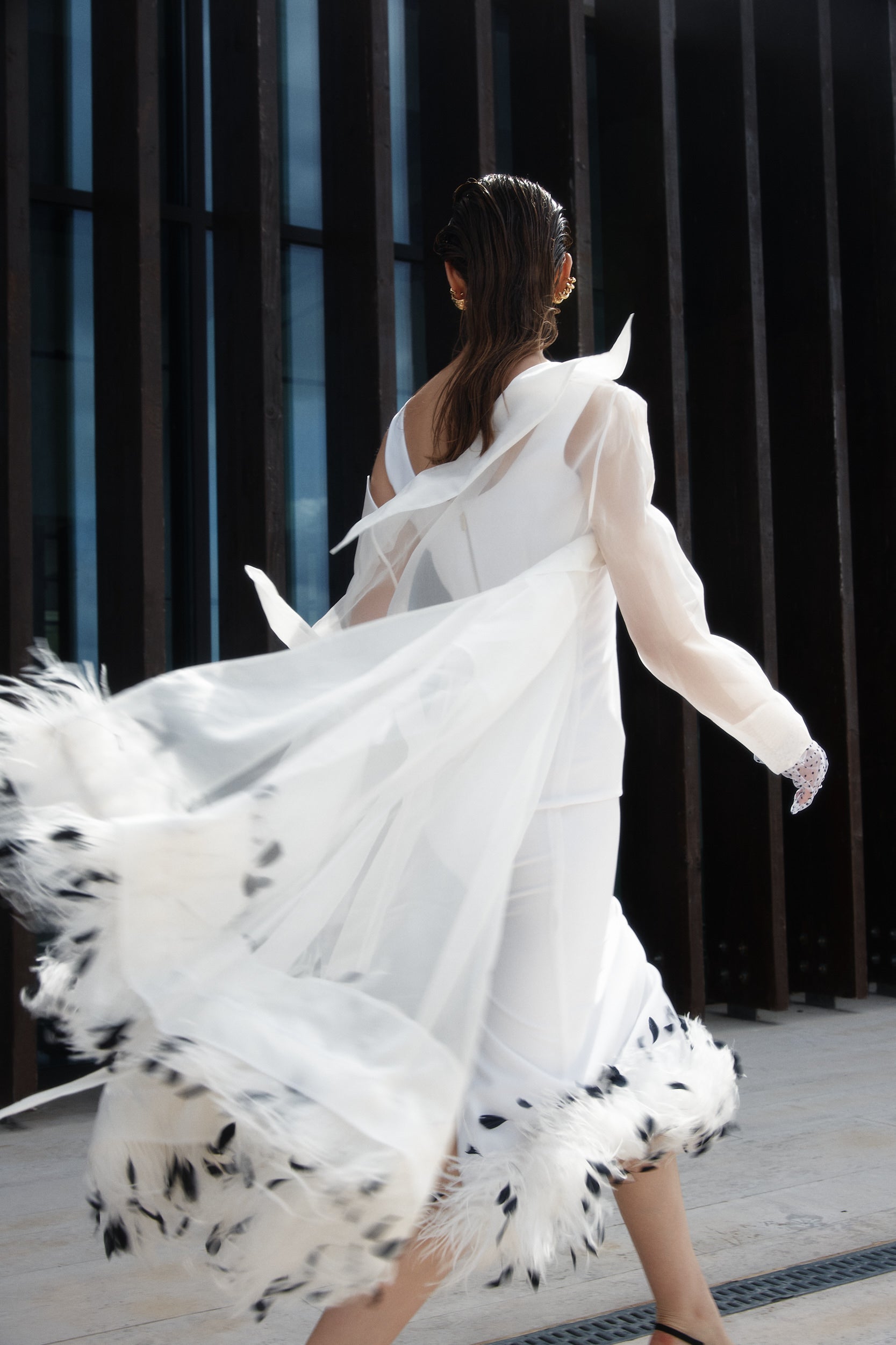 Sheer organza trench dress in white