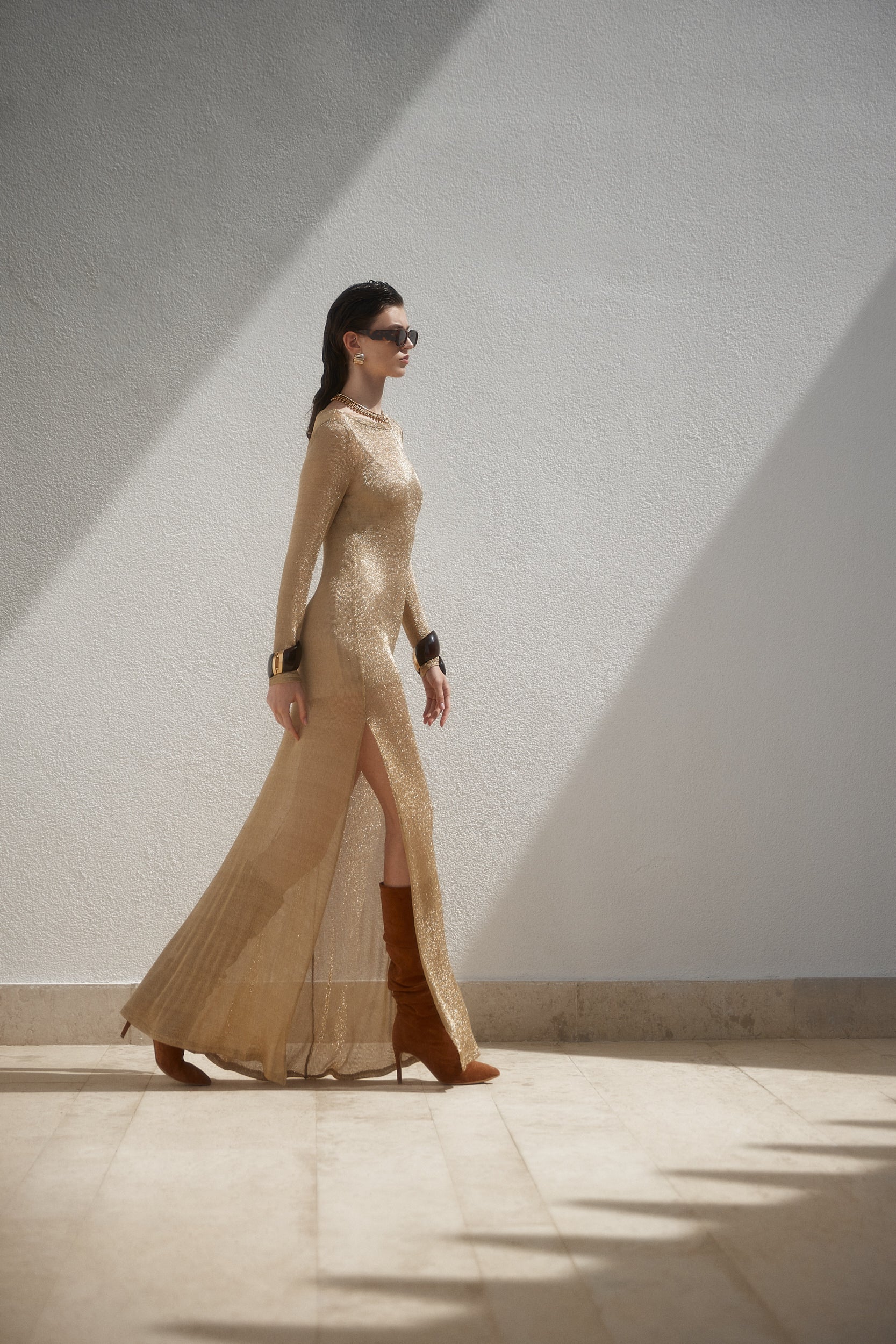 Side-slit gold maxi dress