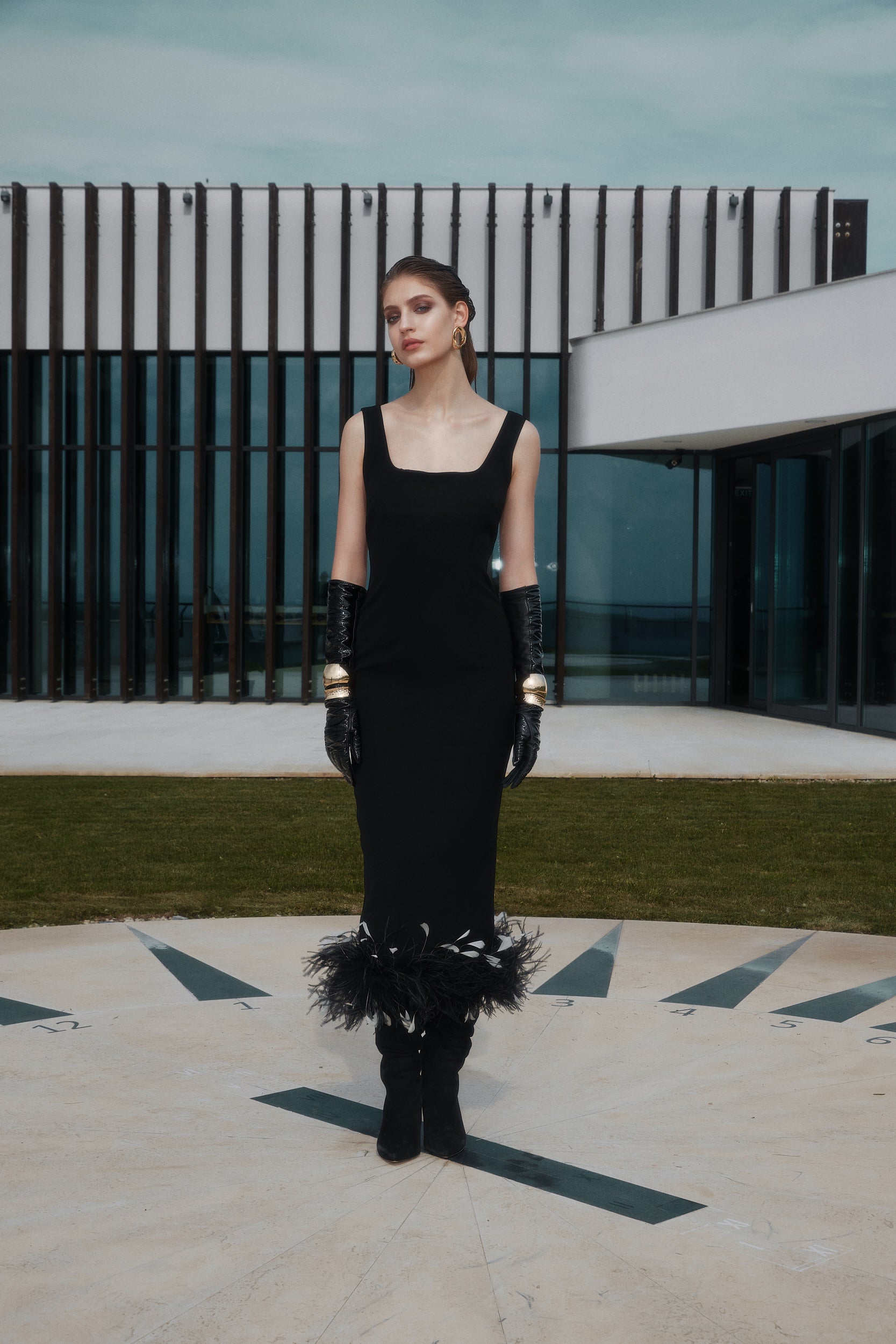 Black crepe feather midi dress