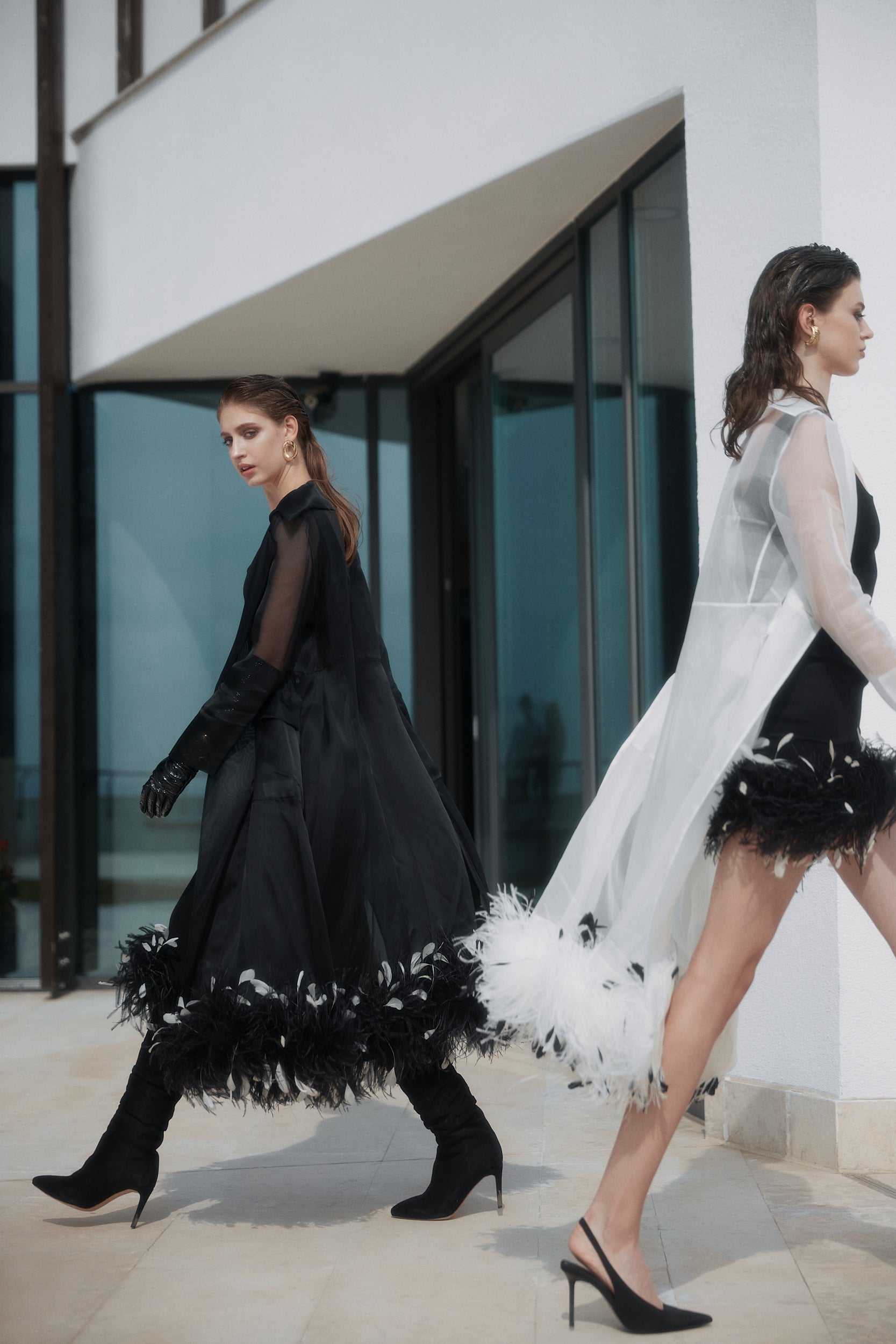 Sheer organza trench dress in black