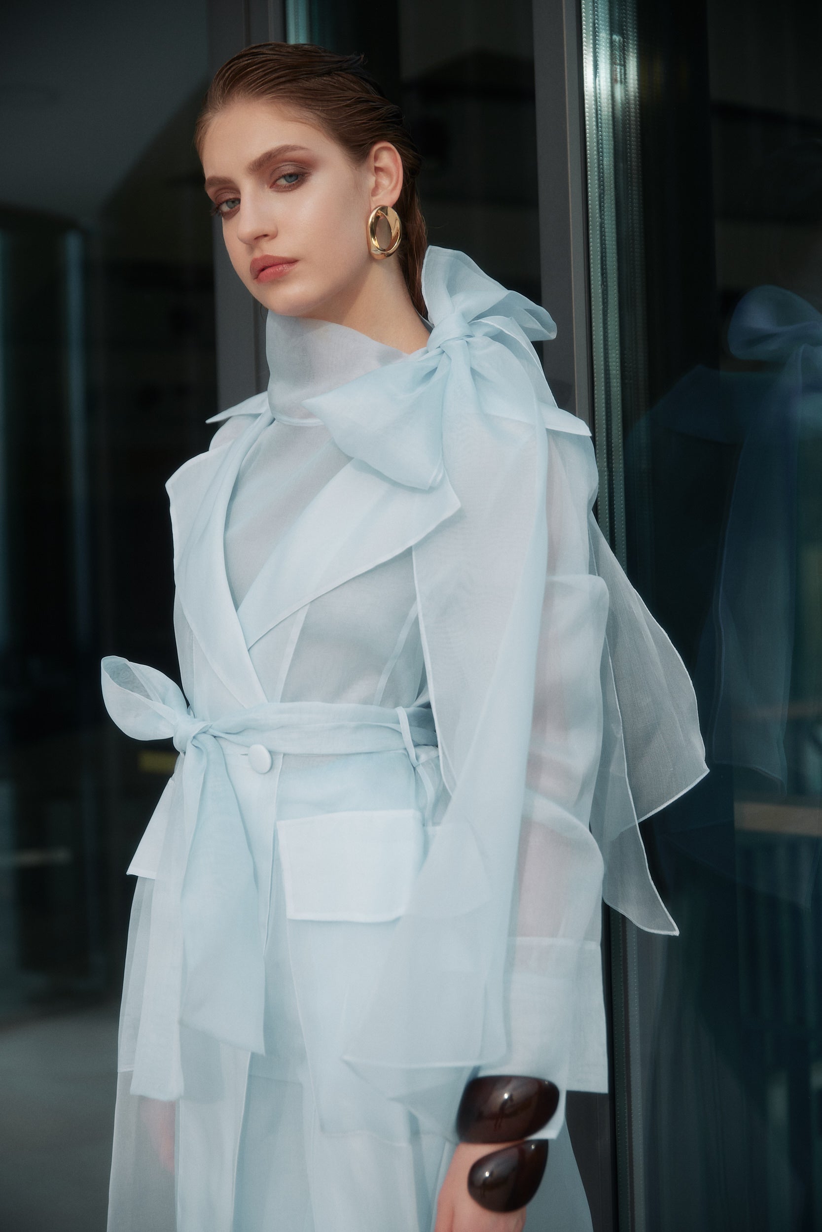See through blue organza trench dress