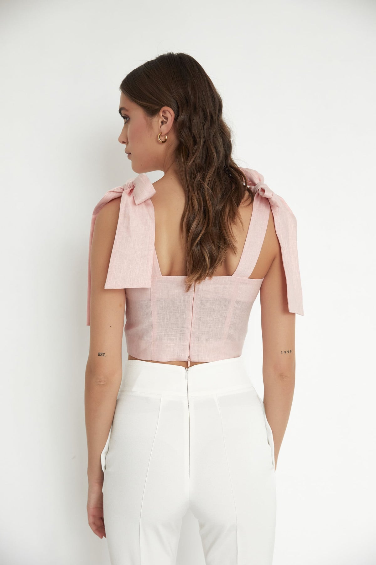 Bow strap linen crop top in pink