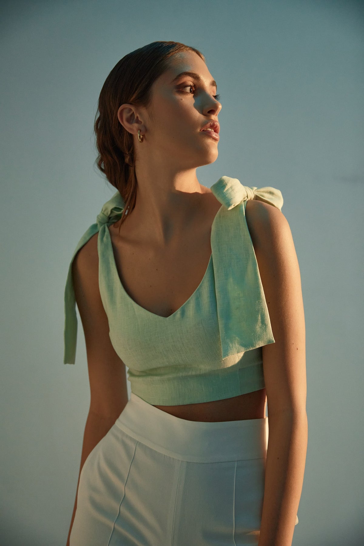 Bow strap linen crop top in mint green