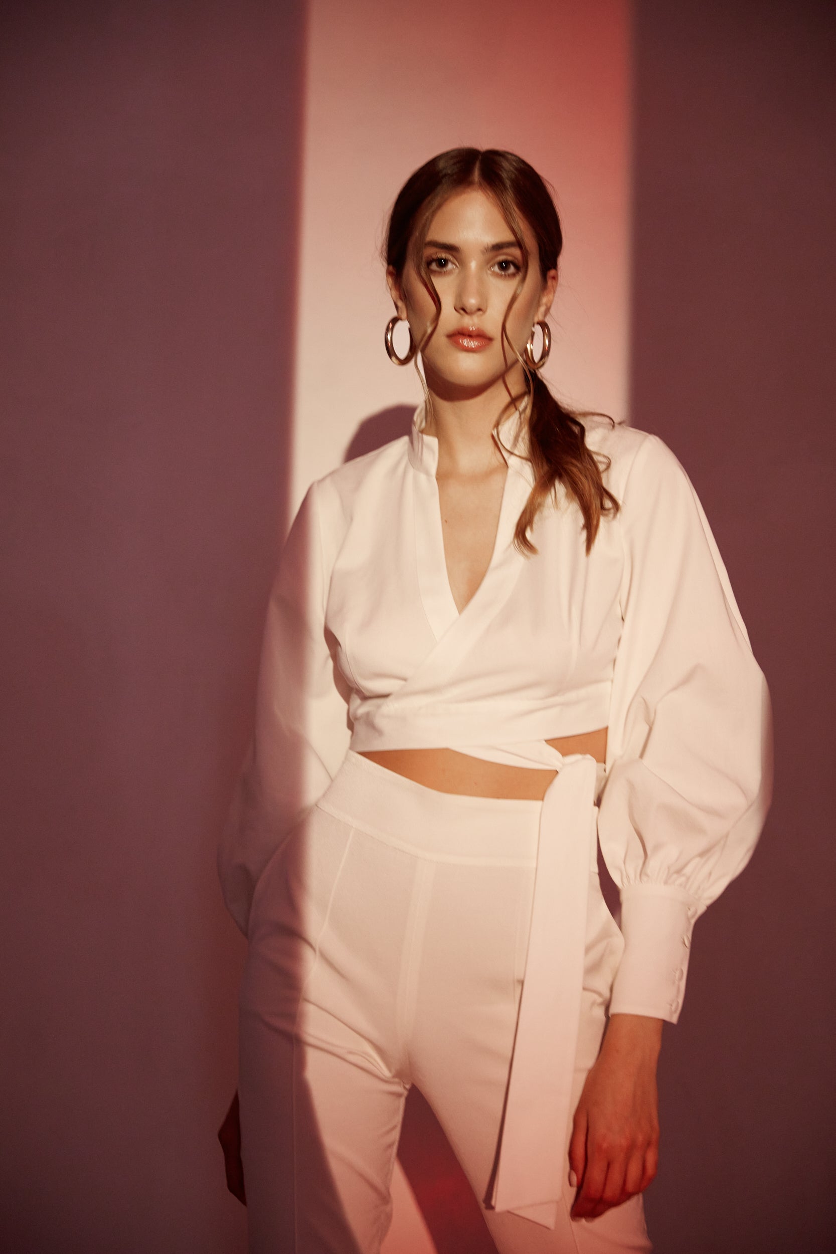 Wrap around crisp cotton blouse in white