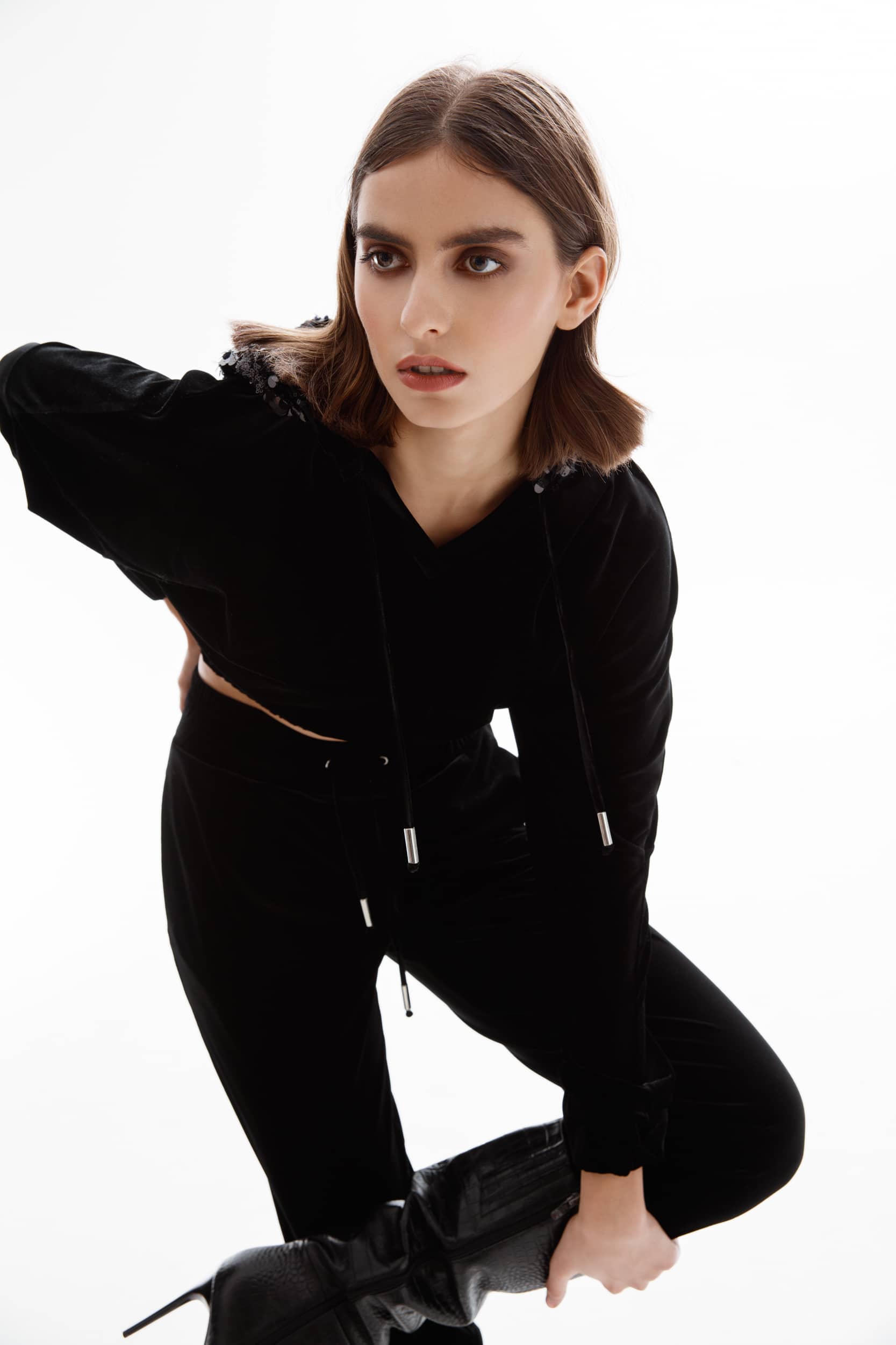 Short Black Hooded Velvet Sweatshirt