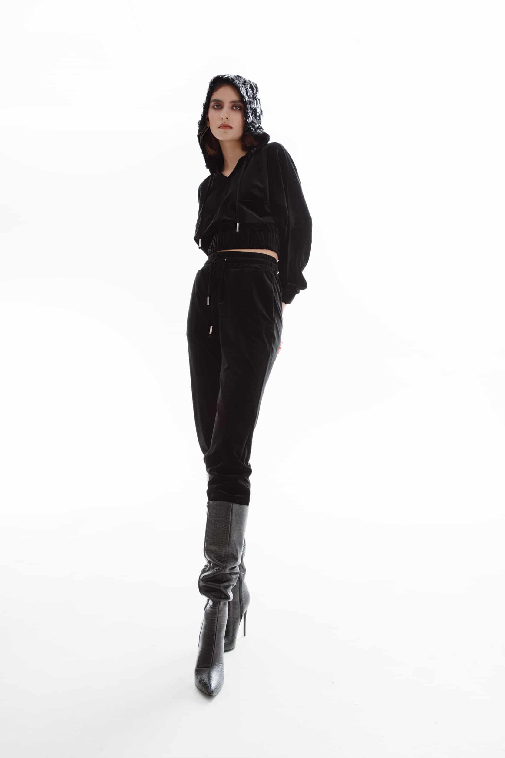 Short Black Hooded Velvet Sweatshirt