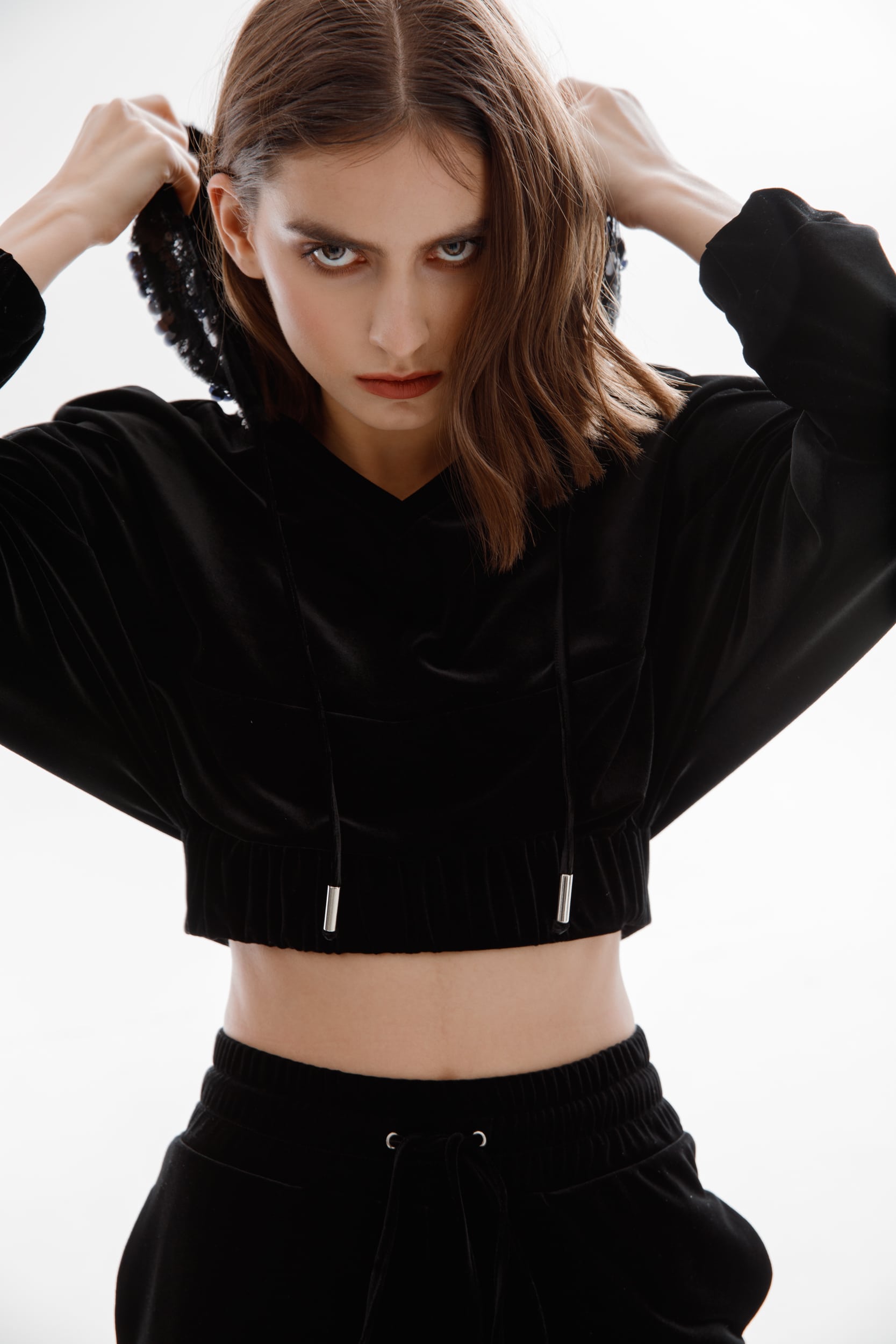 Short Black Hooded Velvet Sweatshirt