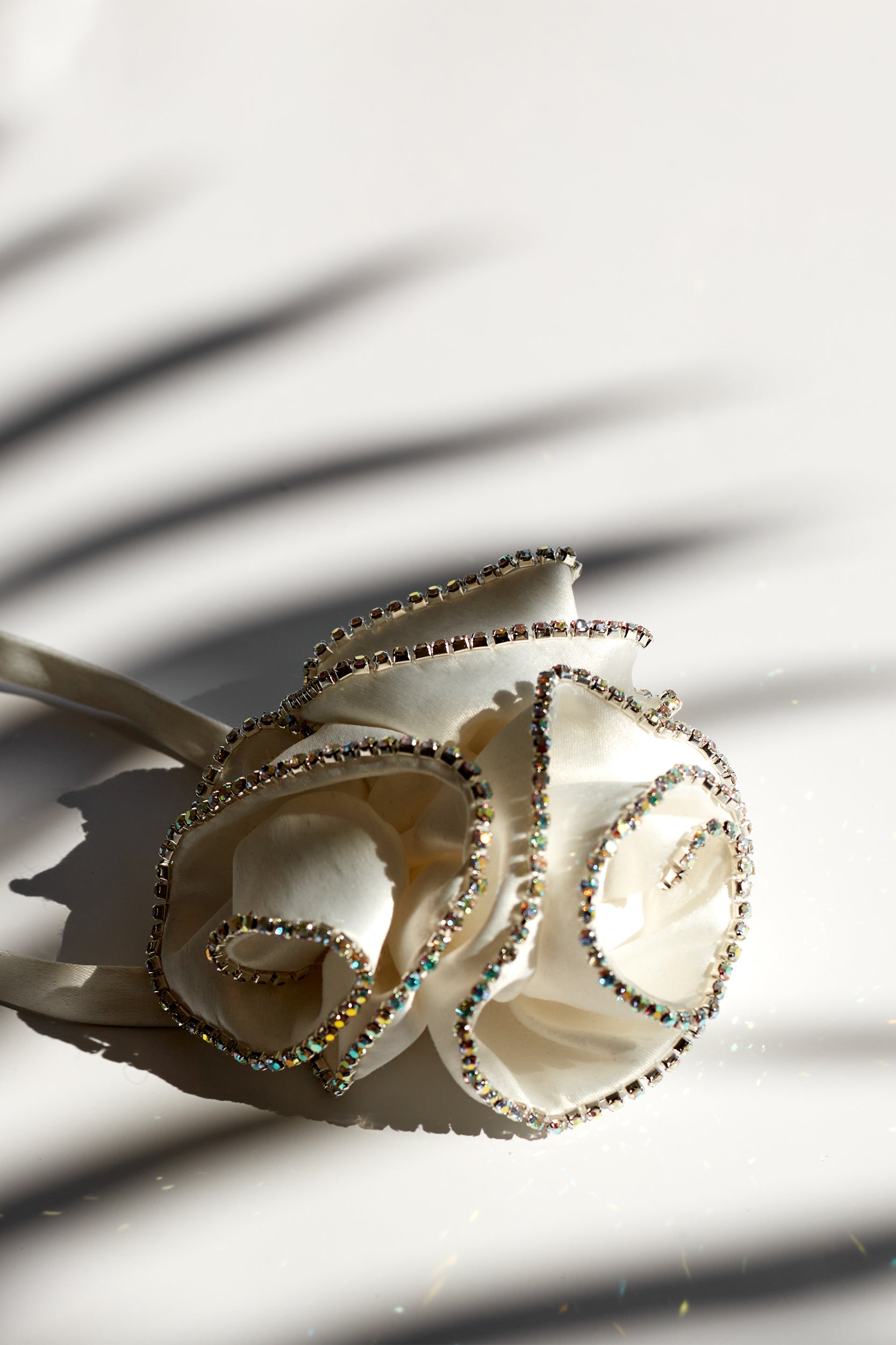 Satin flower white crystal choker necklace