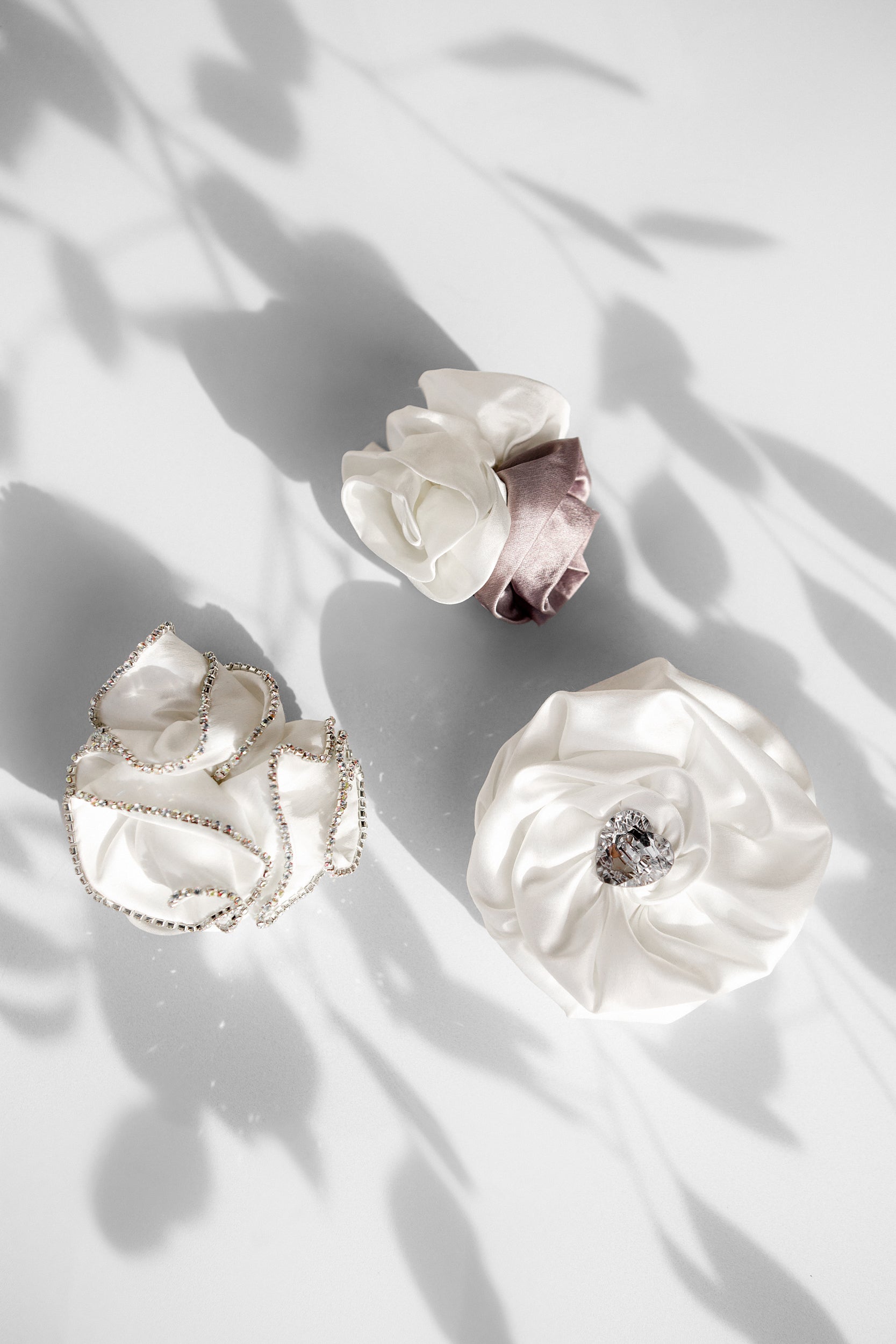Satin flower white crystal choker necklace