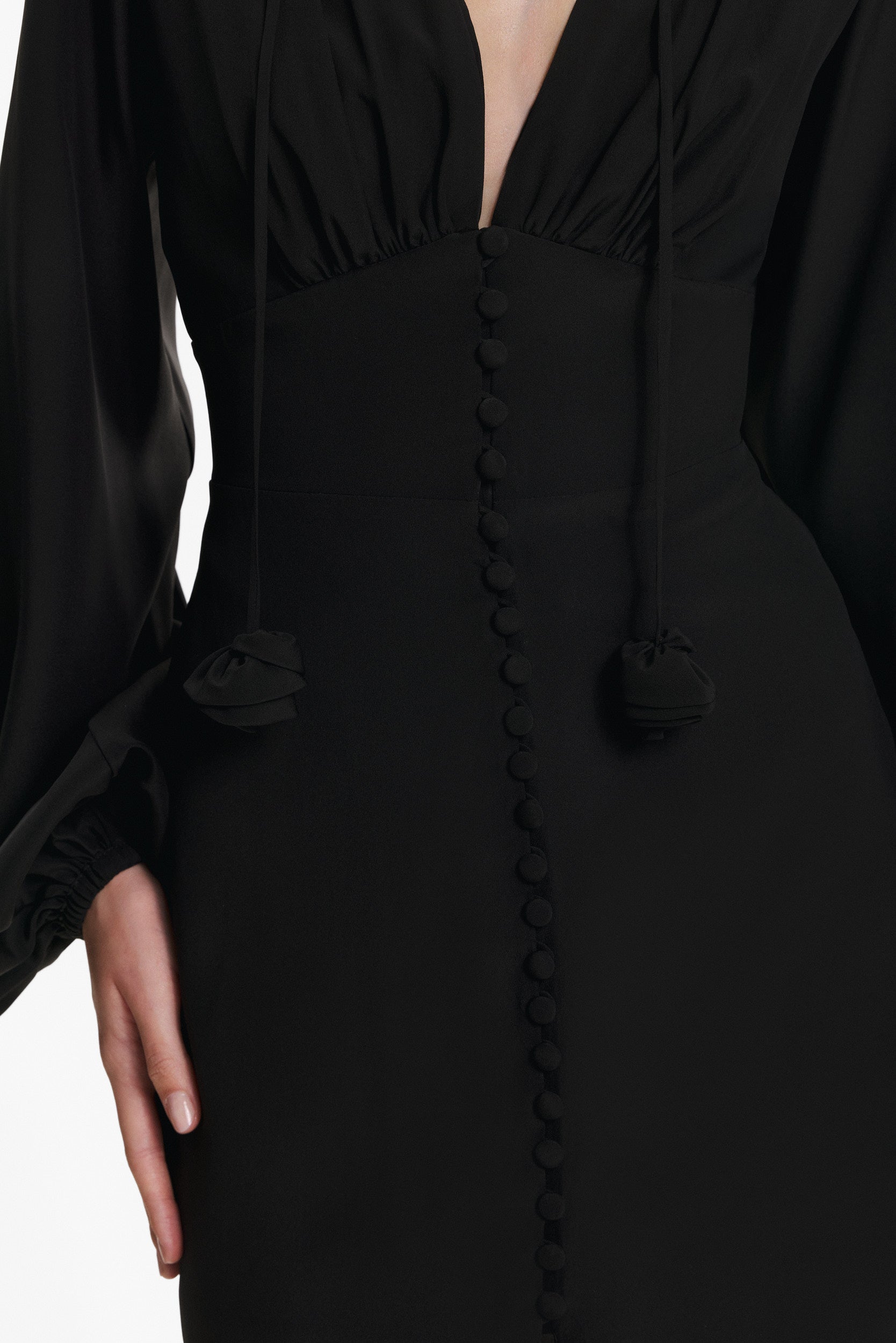 Ample-sleeve maxi silk dress in black