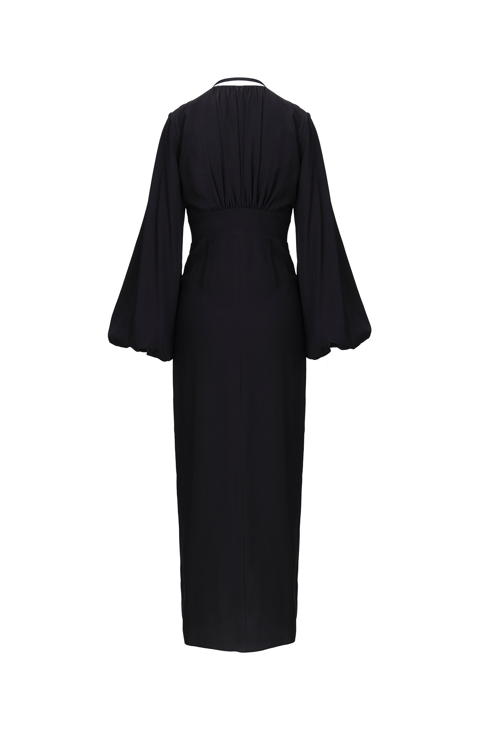 Ample-sleeve maxi silk dress in black