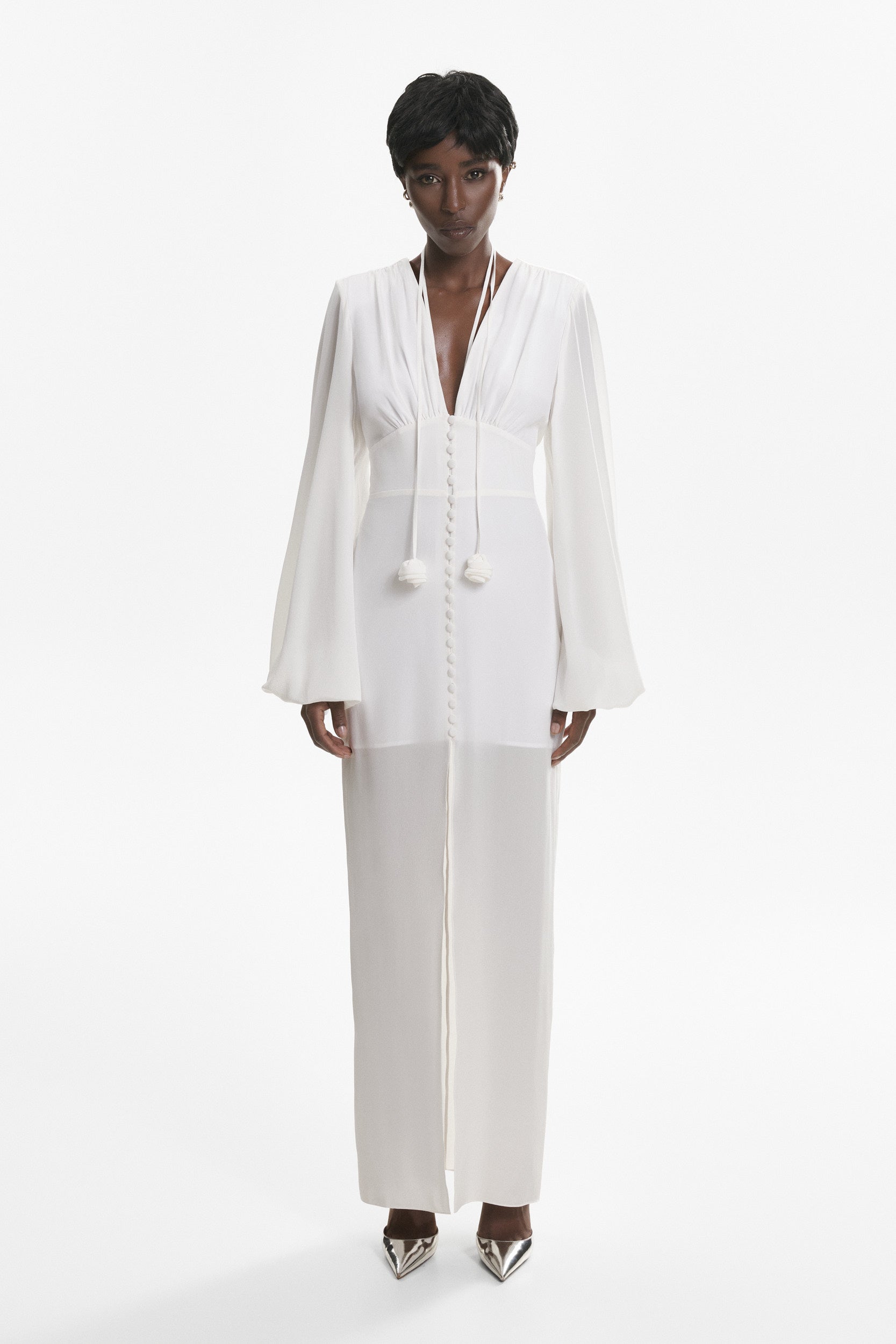 Ample-sleeve maxi silk dress in white