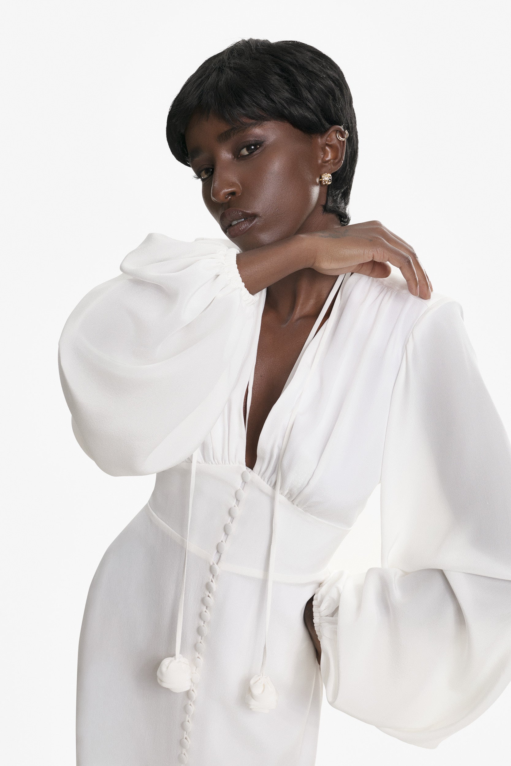 Ample-sleeve maxi silk dress in white