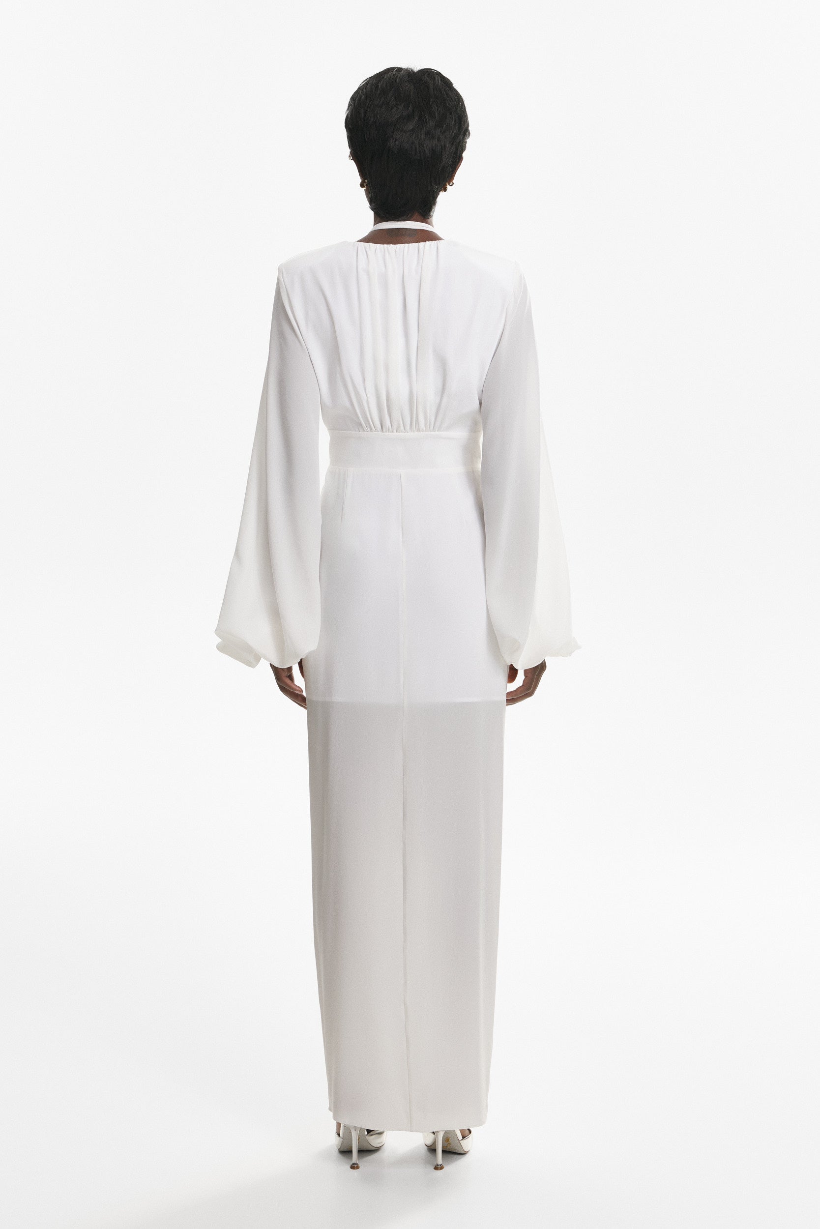 Ample-sleeve maxi silk dress in white