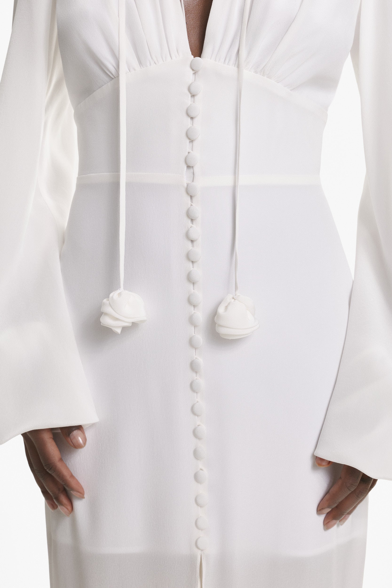 Ample-sleeve maxi silk dress in white