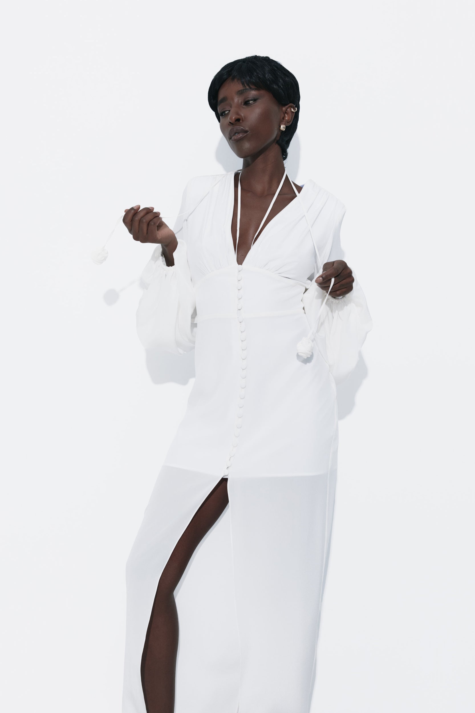 Ample-sleeve maxi silk dress in white