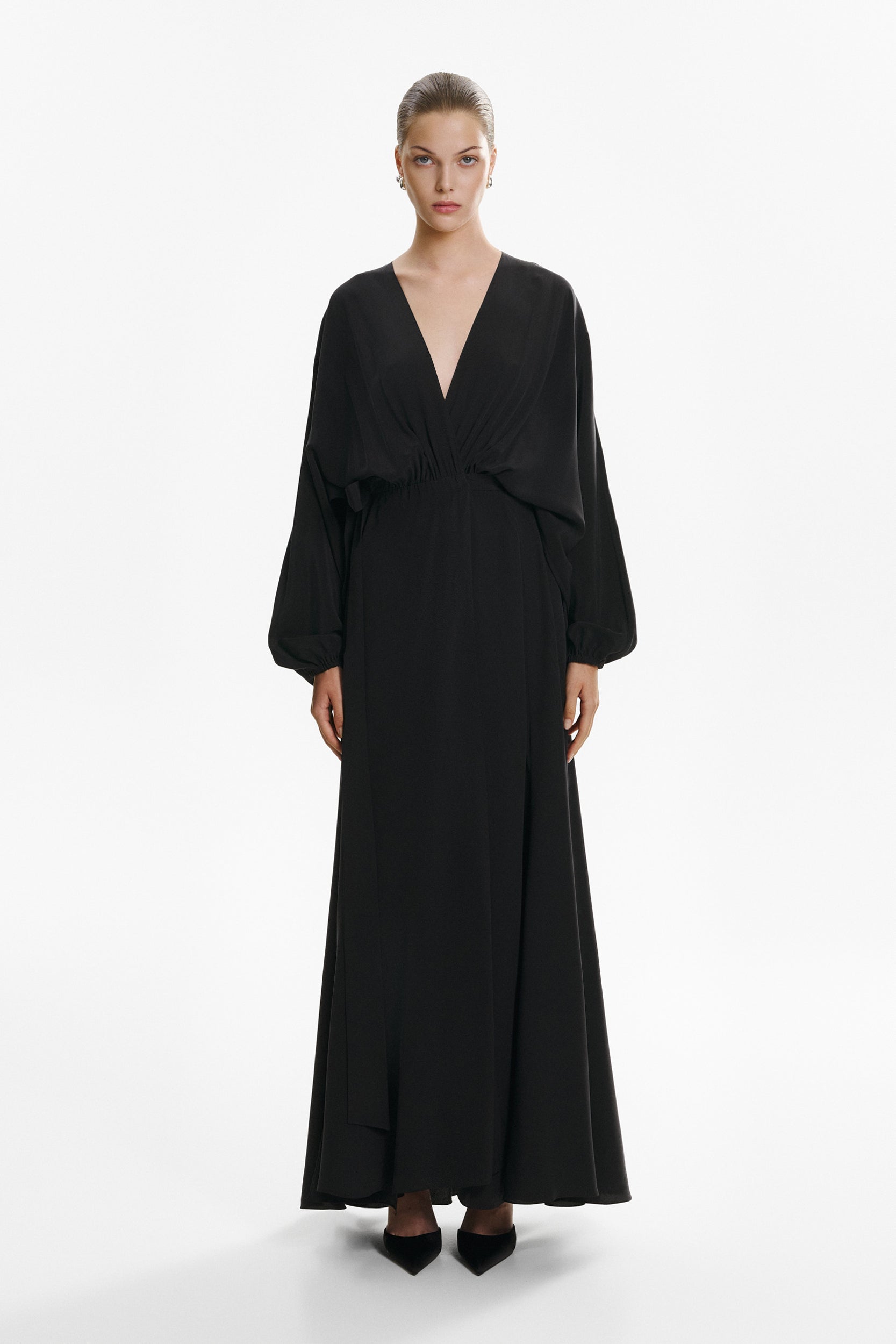 Balloon-sleeve black wrap dress