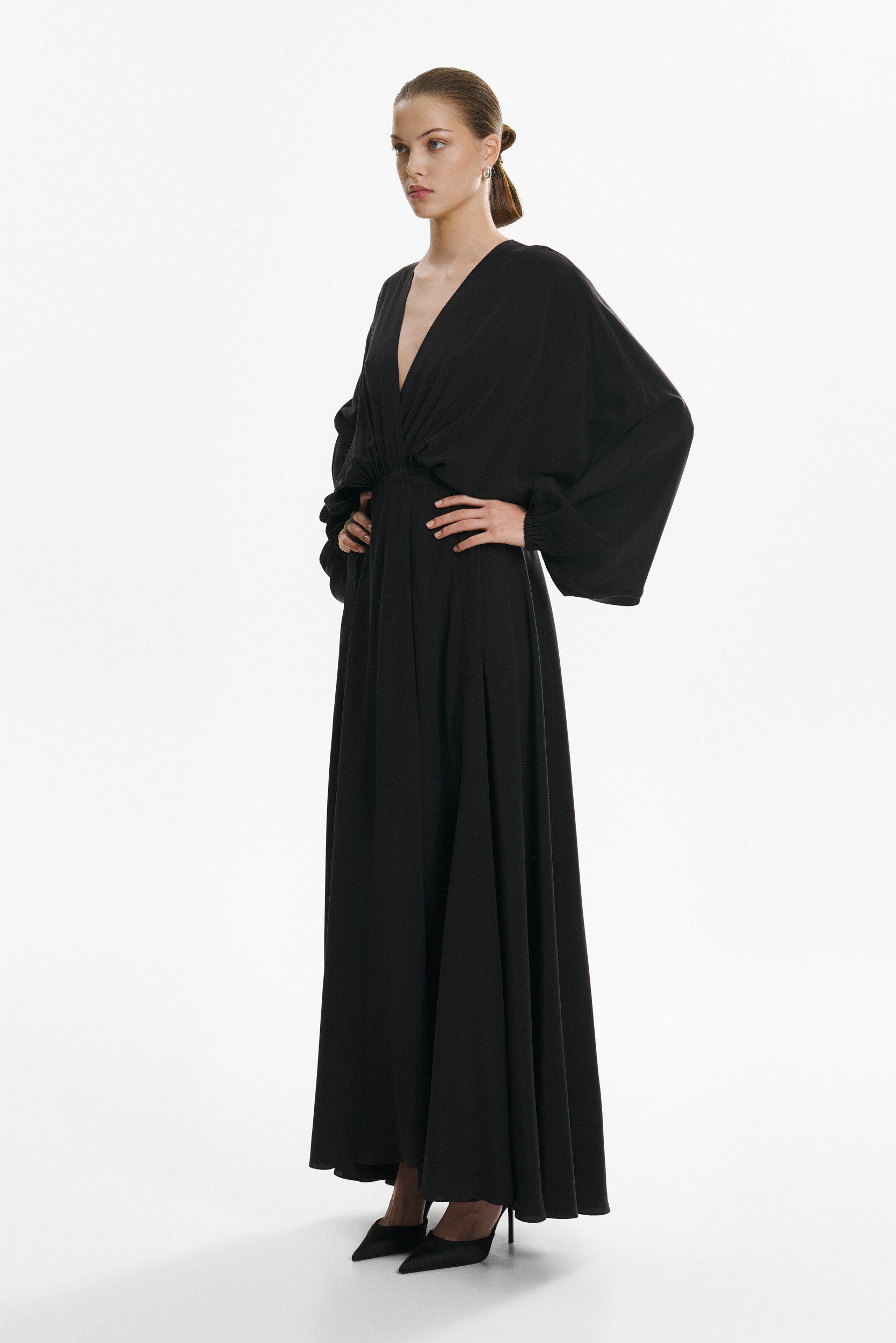 Balloon-sleeve black wrap dress