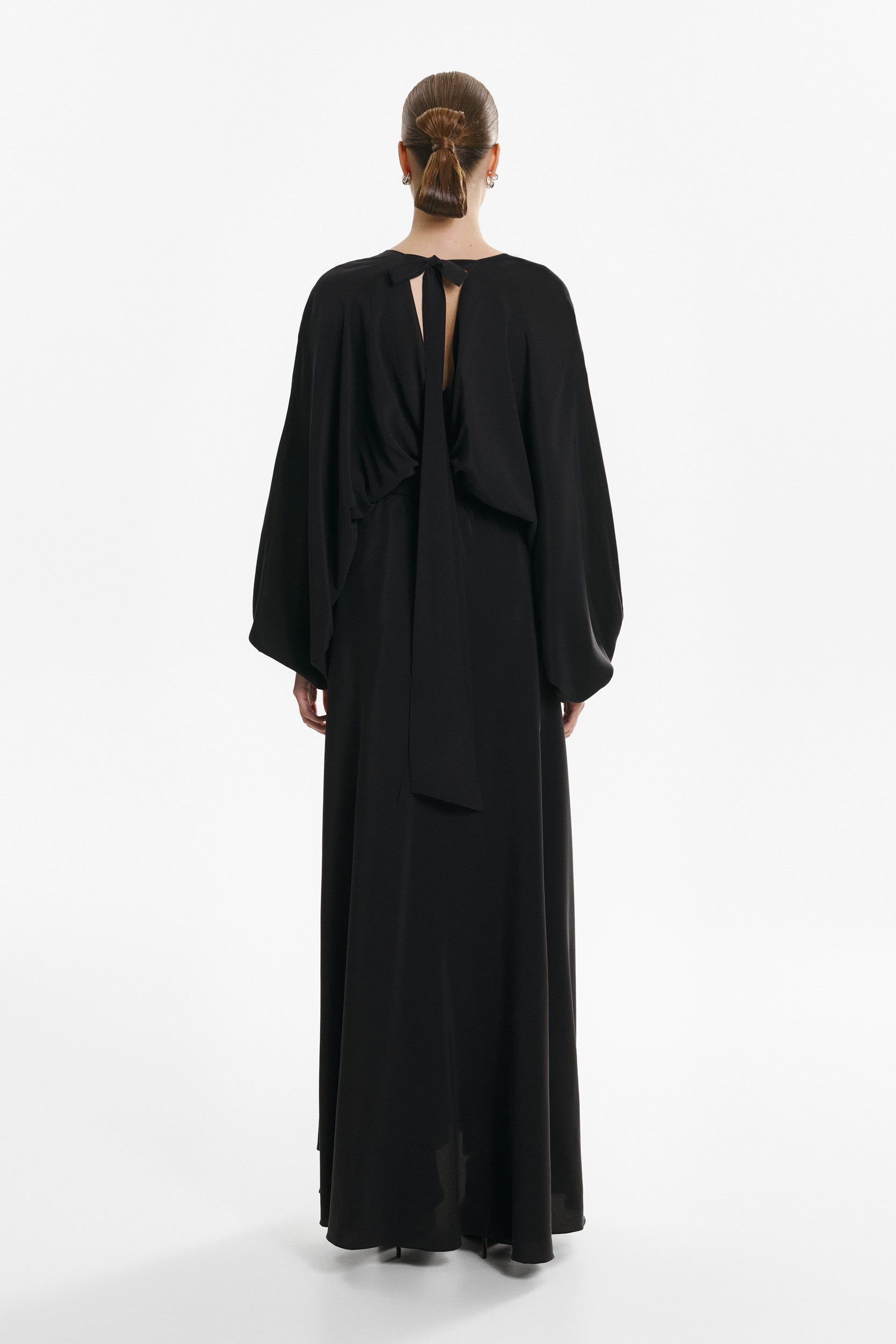 Balloon-sleeve black wrap dress
