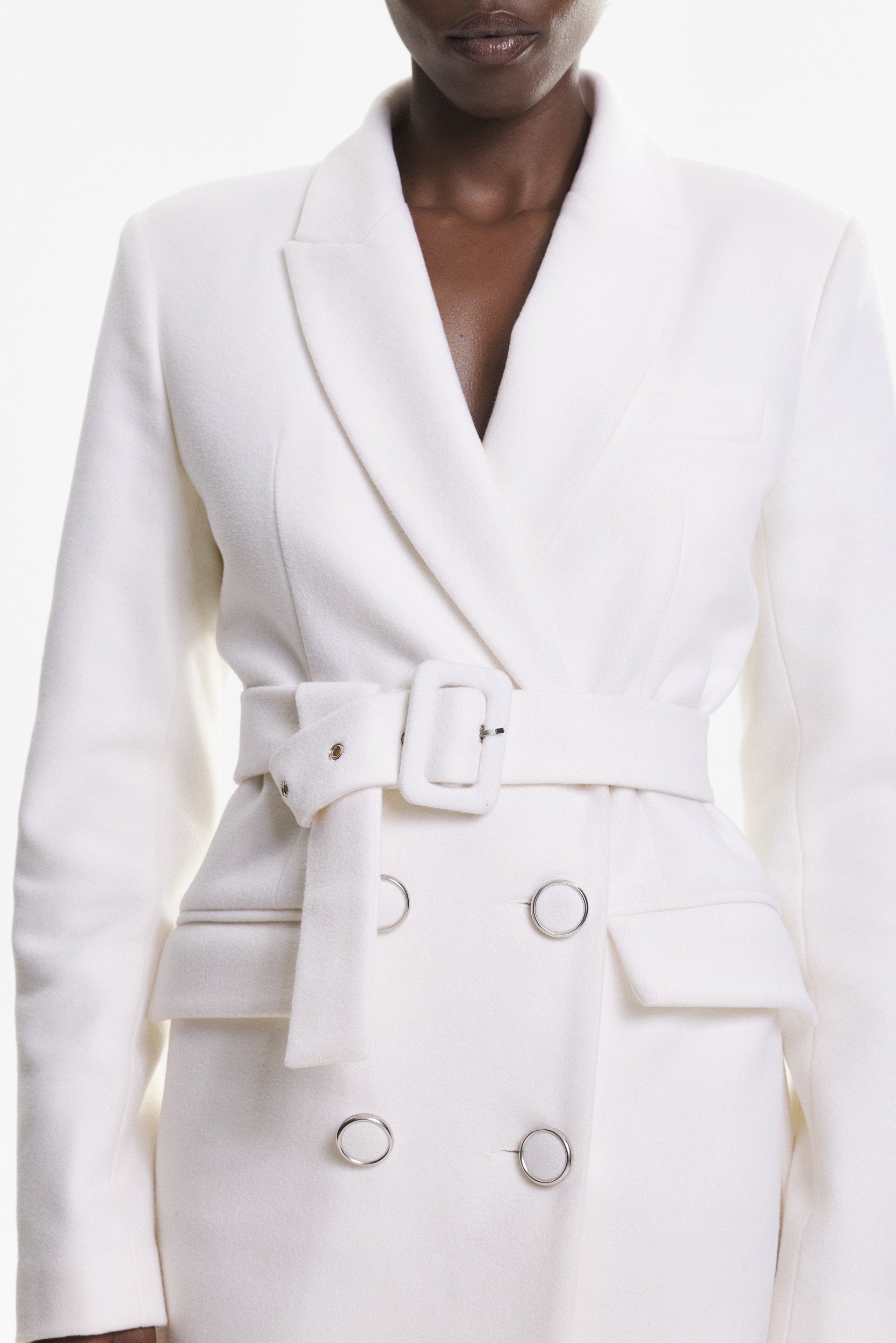 Belted midi trench coat in white wool