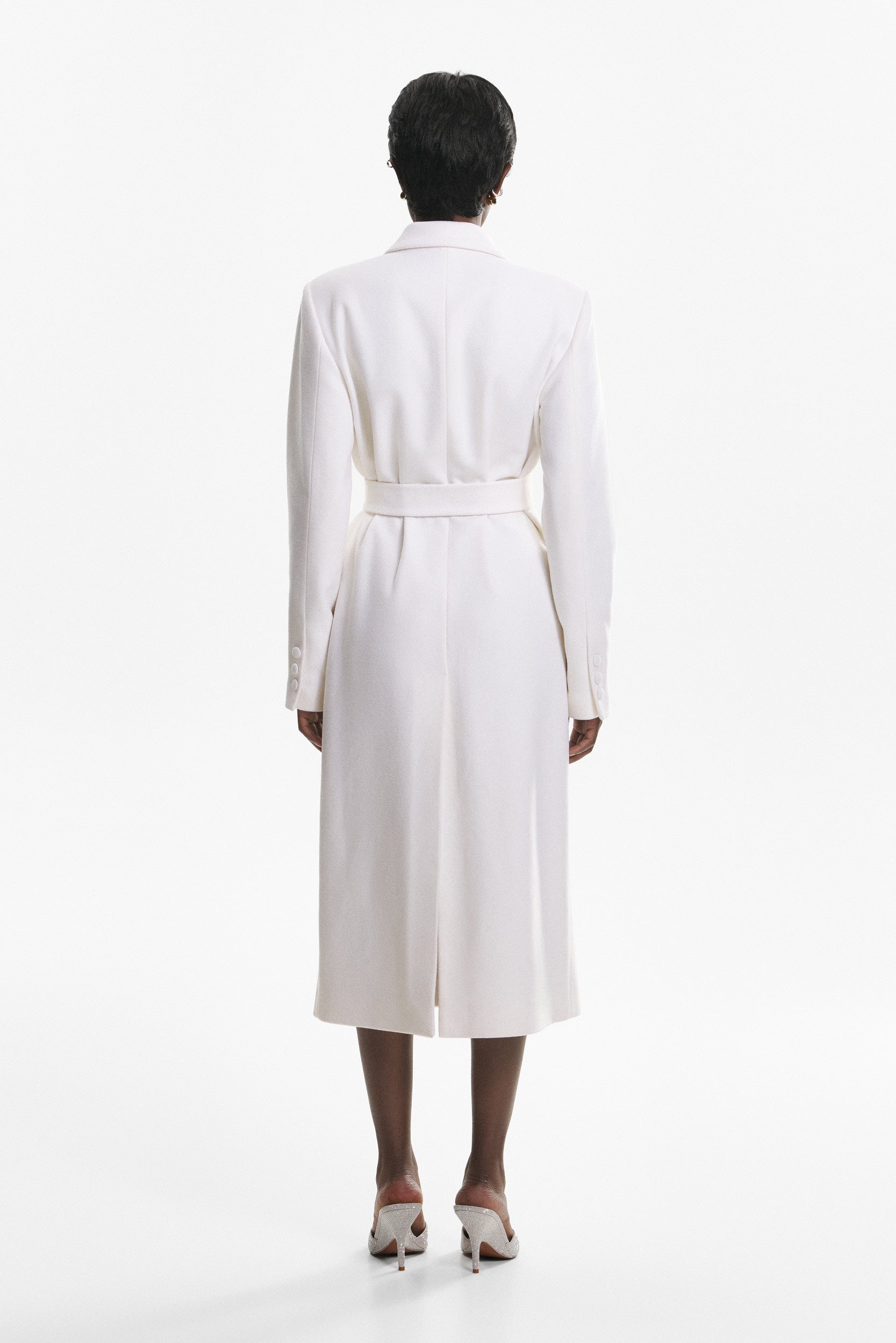 Belted midi trench coat in white wool