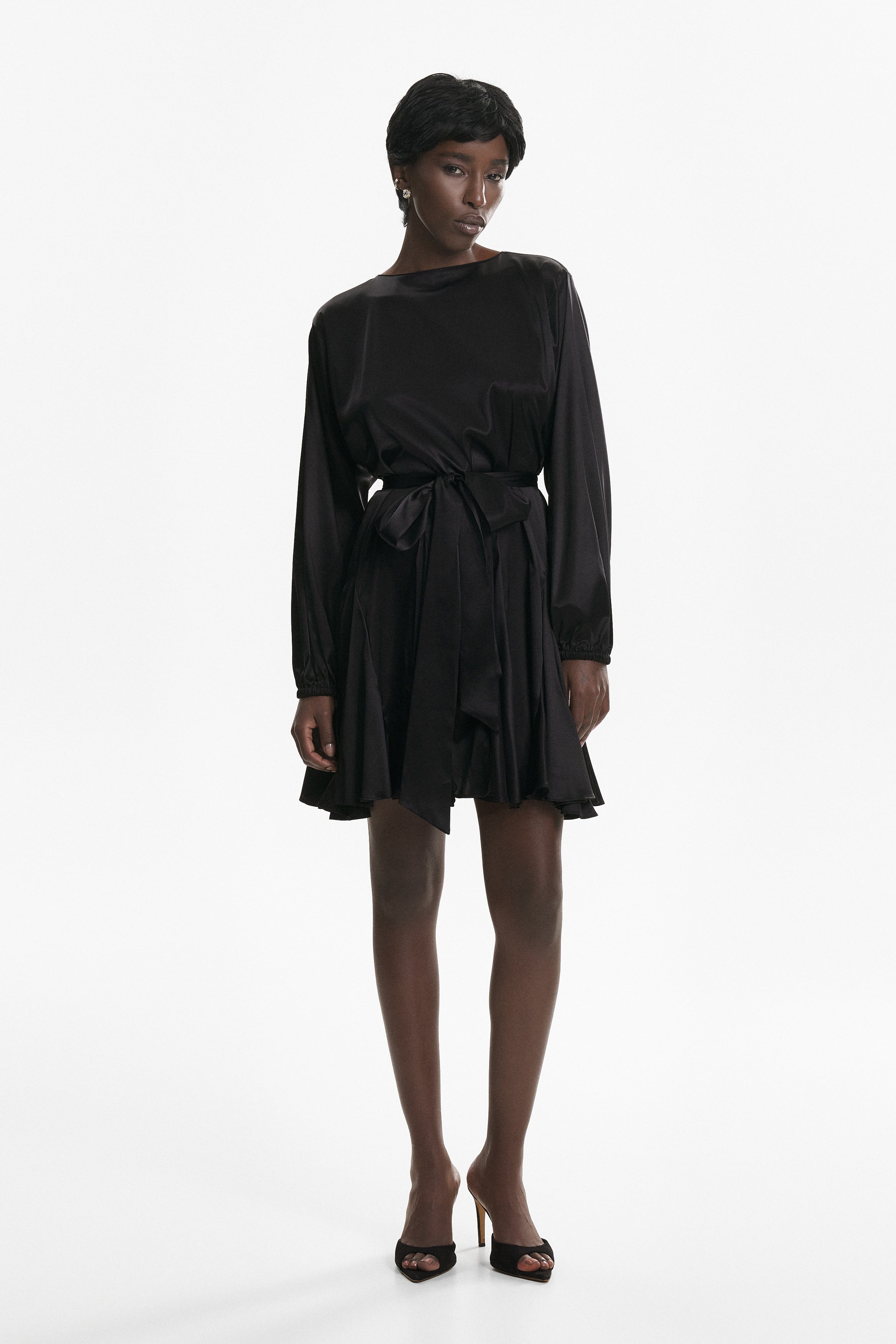 Black asymmetric pure-silk mini dress