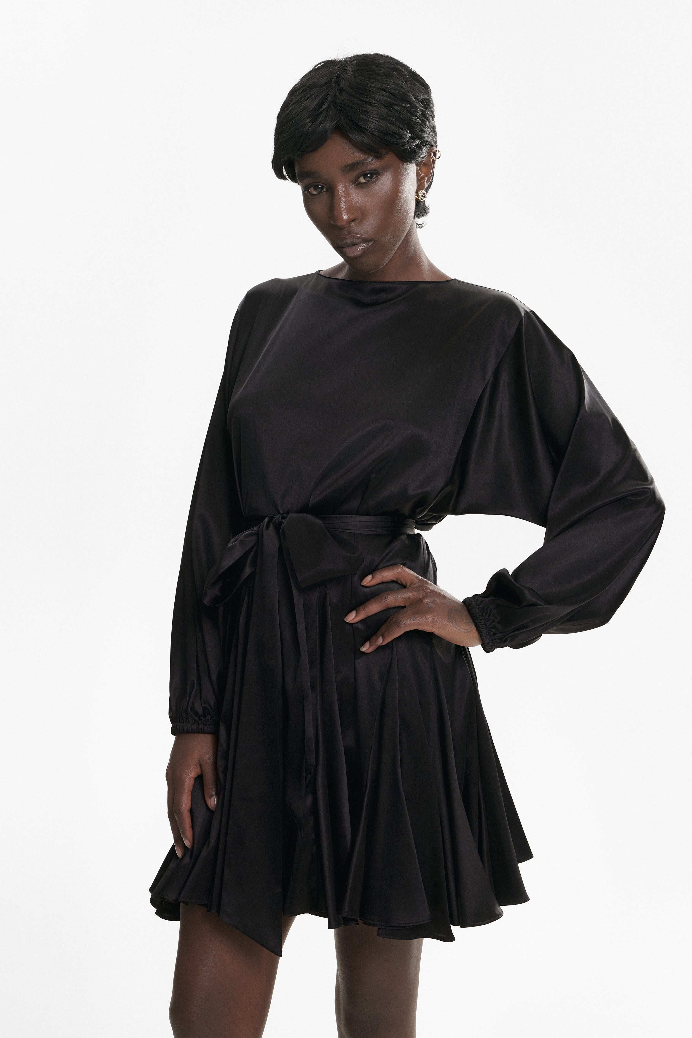 Black asymmetric pure-silk mini dress