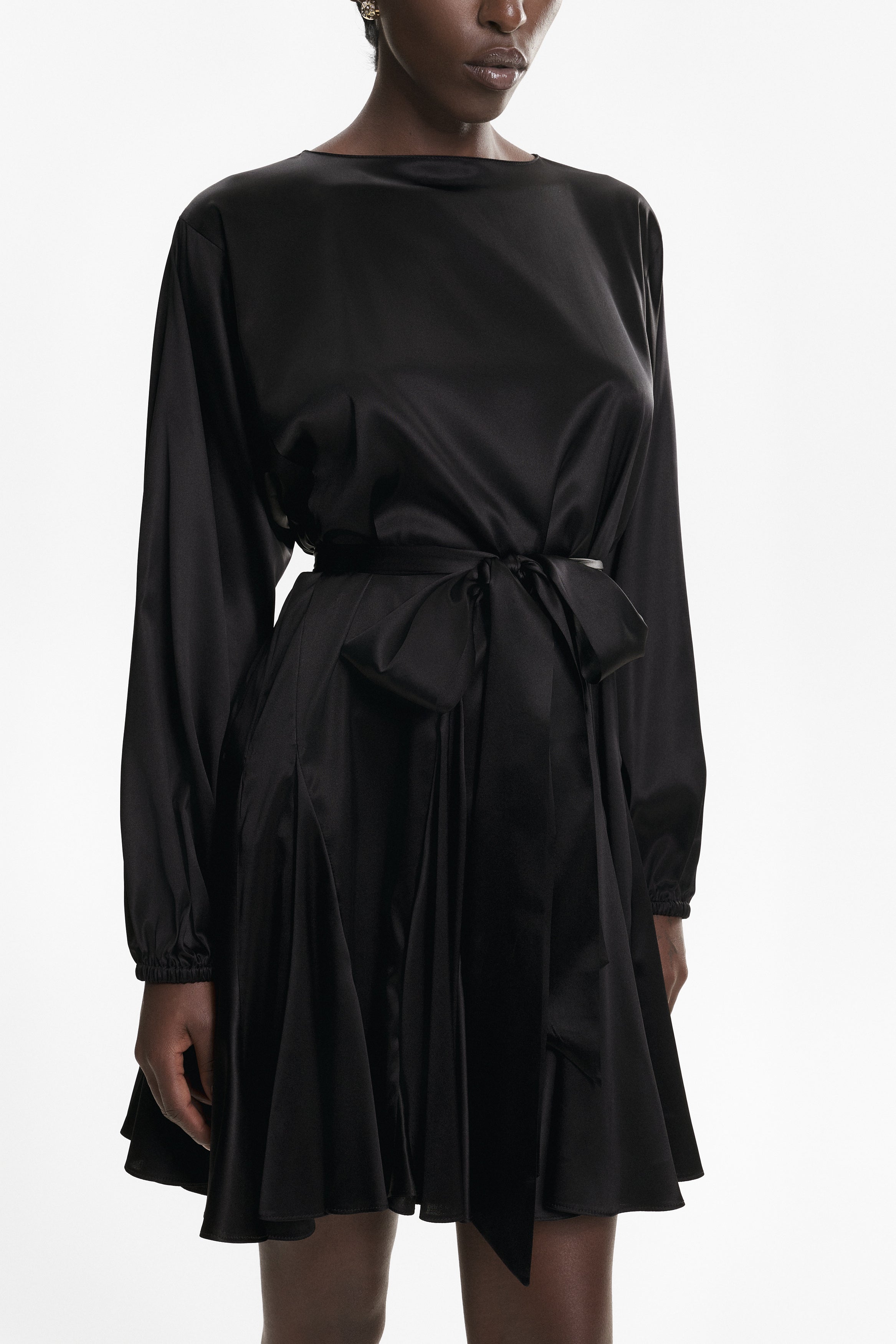 Black asymmetric pure-silk mini dress