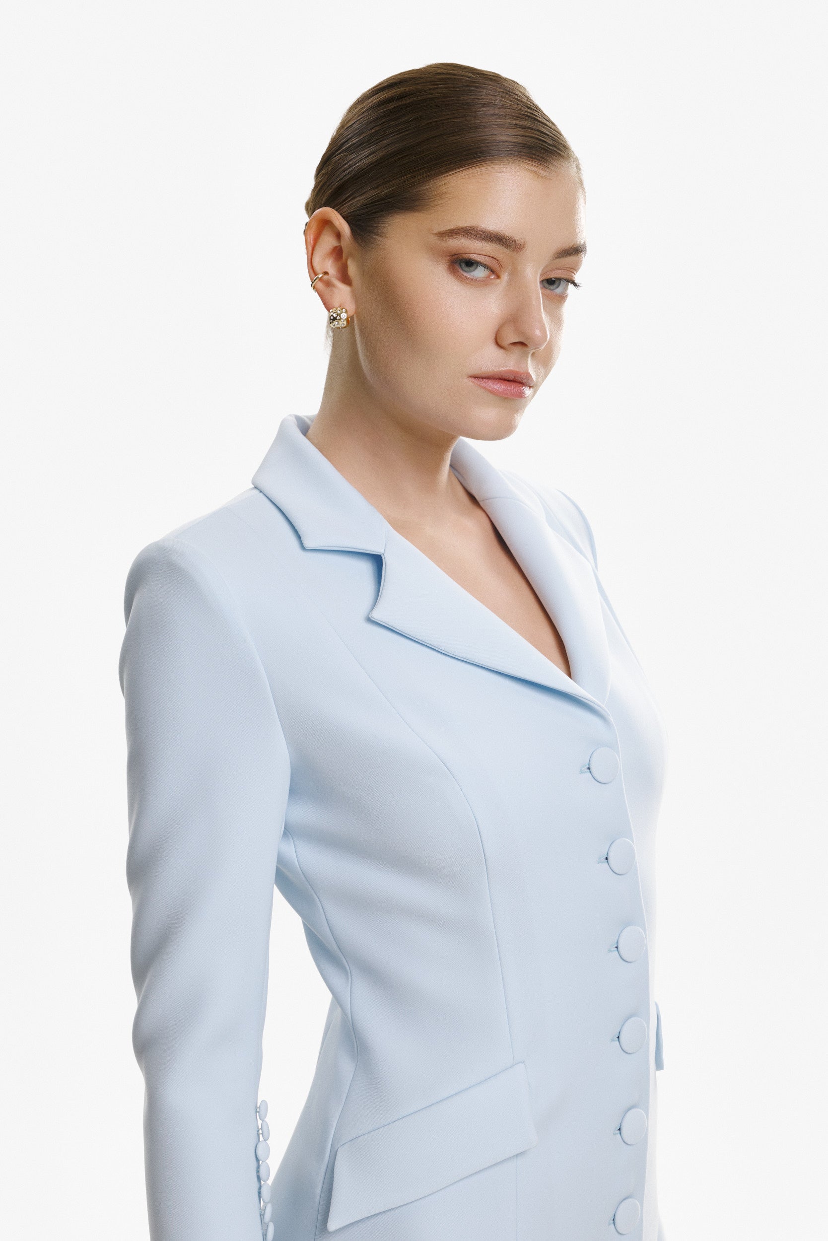 Elegant mini blue dress with buttons and pleats