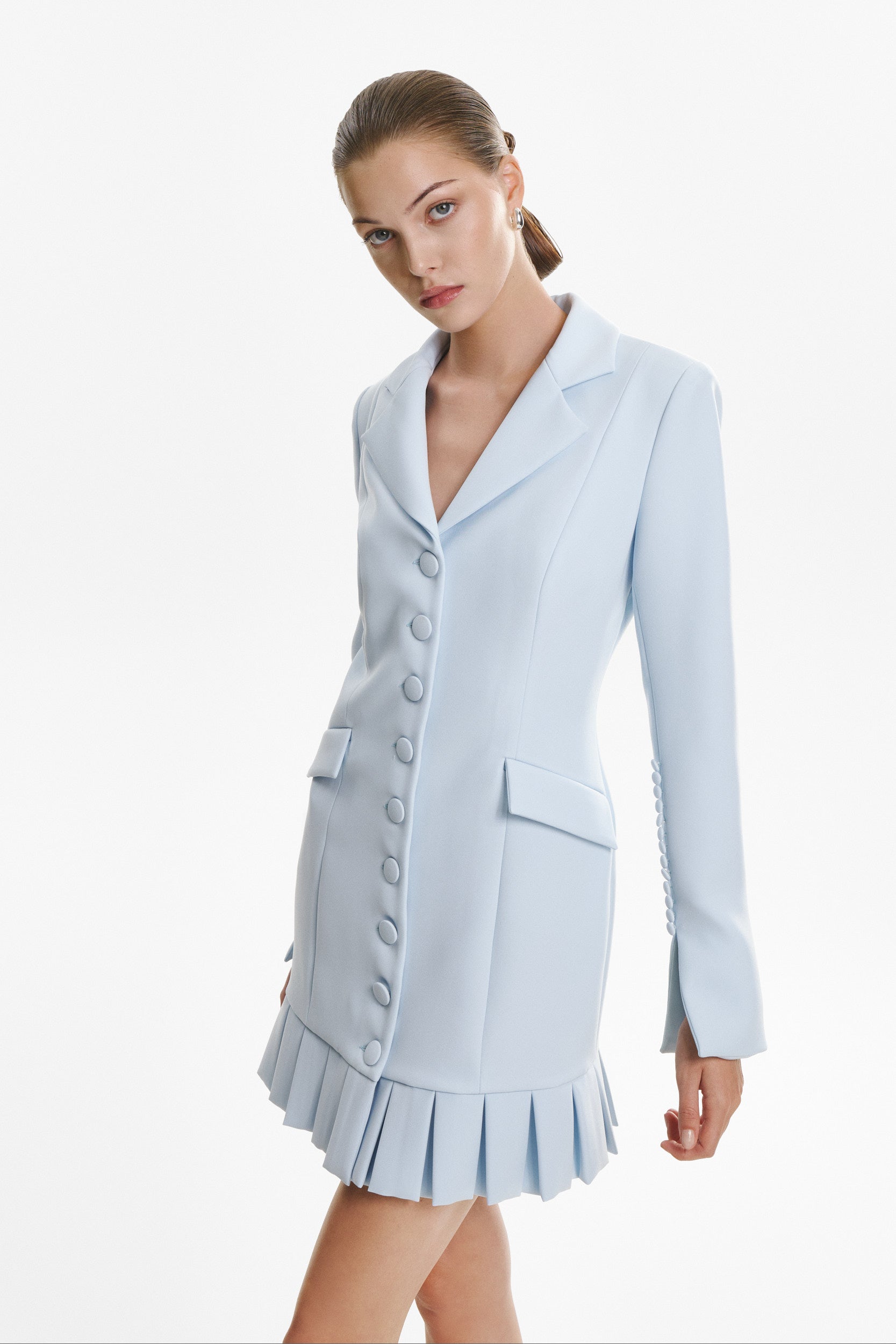 Elegant mini blue dress with buttons and pleats
