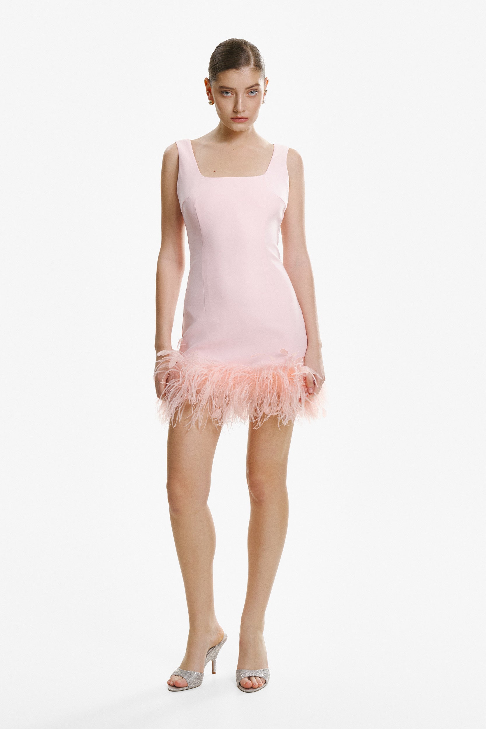 Feather-trimmed crepe mini dress in pink